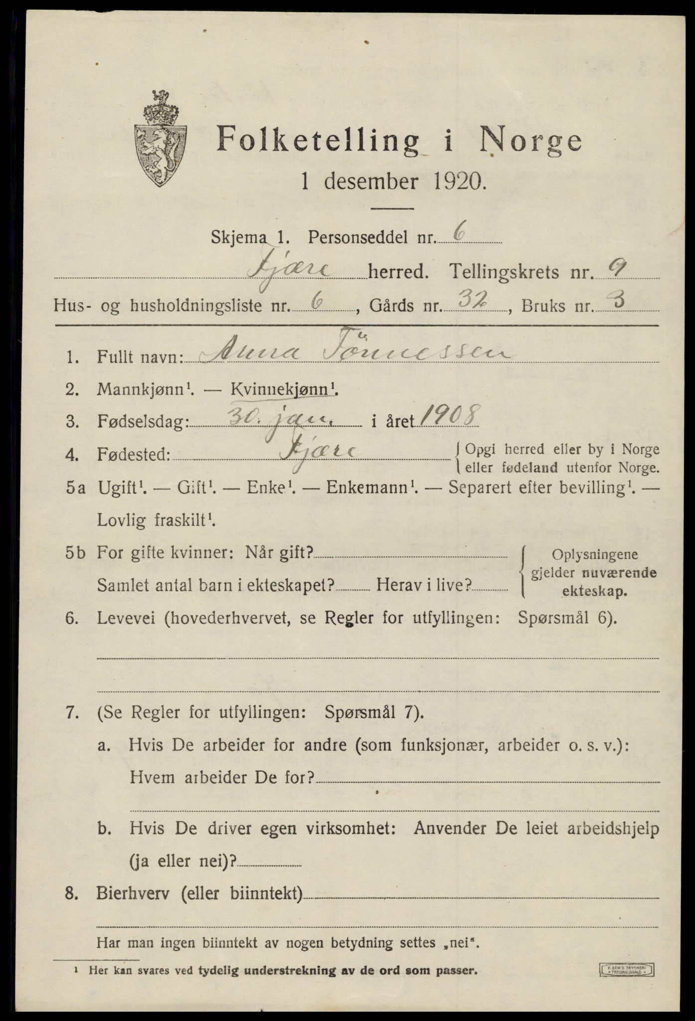 SAK, 1920 census for Fjære, 1920, p. 11243