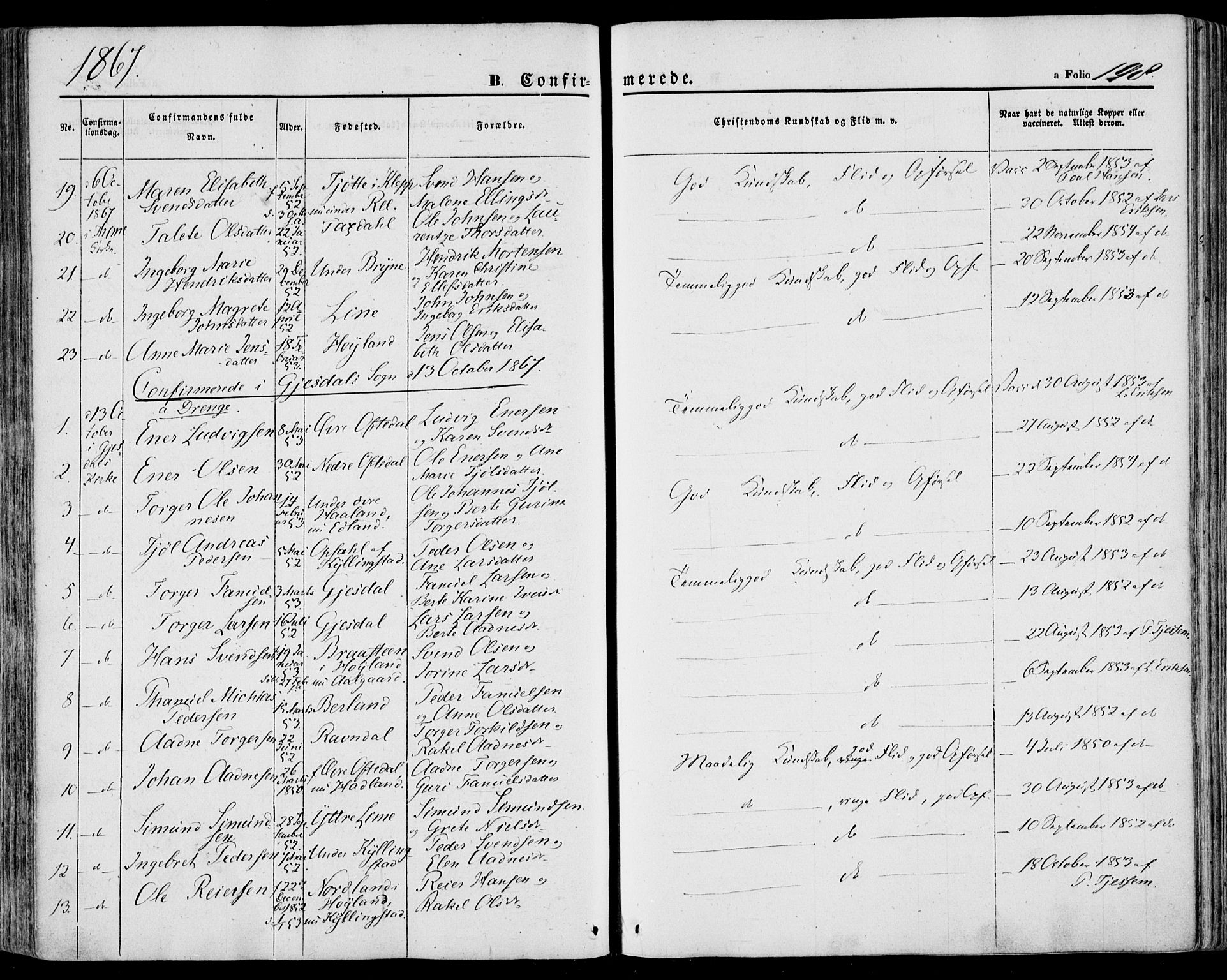 Lye sokneprestkontor, SAST/A-101794/001/30BA/L0007: Parish register (official) no. A 6, 1856-1871, p. 198