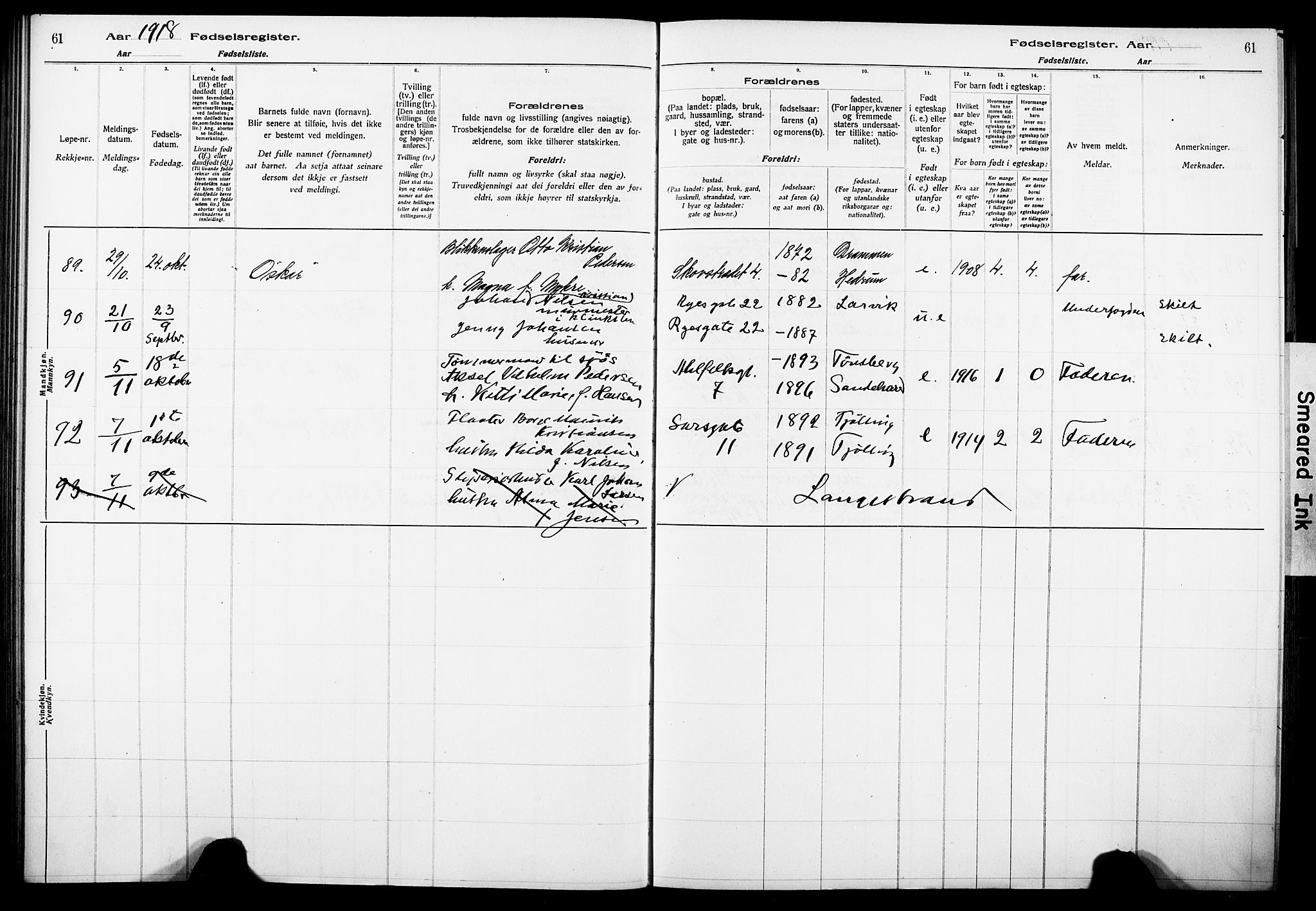 Larvik kirkebøker, AV/SAKO-A-352/J/Ja/L0001: Birth register no. I 1, 1916-1926, p. 61