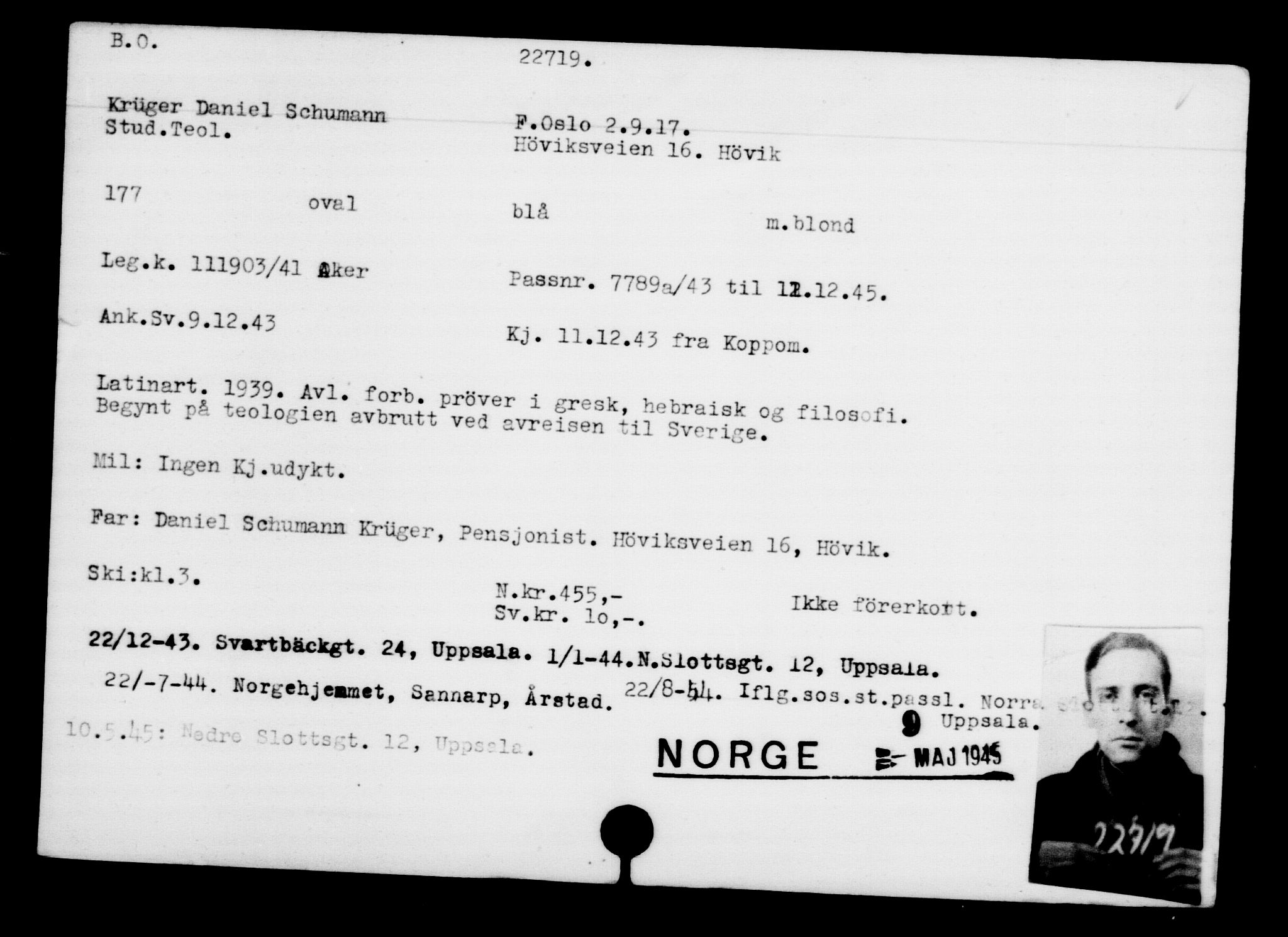 Utenriksstasjonene, Legasjonen i Stockholm, Flyktningkontoret, AV/RA-S-6753/V/Va/L0010: Kjesäterkartoteket, flyktninger med registreringsnr. 22000-25314, 1940-1945, p. 793