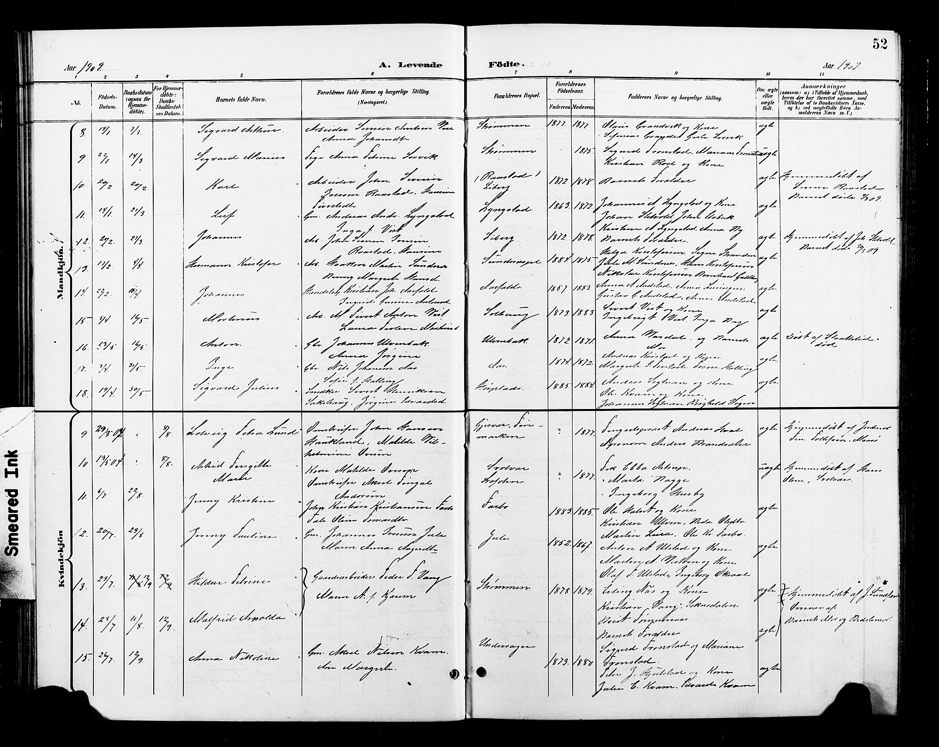 Ministerialprotokoller, klokkerbøker og fødselsregistre - Nord-Trøndelag, AV/SAT-A-1458/730/L0302: Parish register (copy) no. 730C05, 1898-1924, p. 52