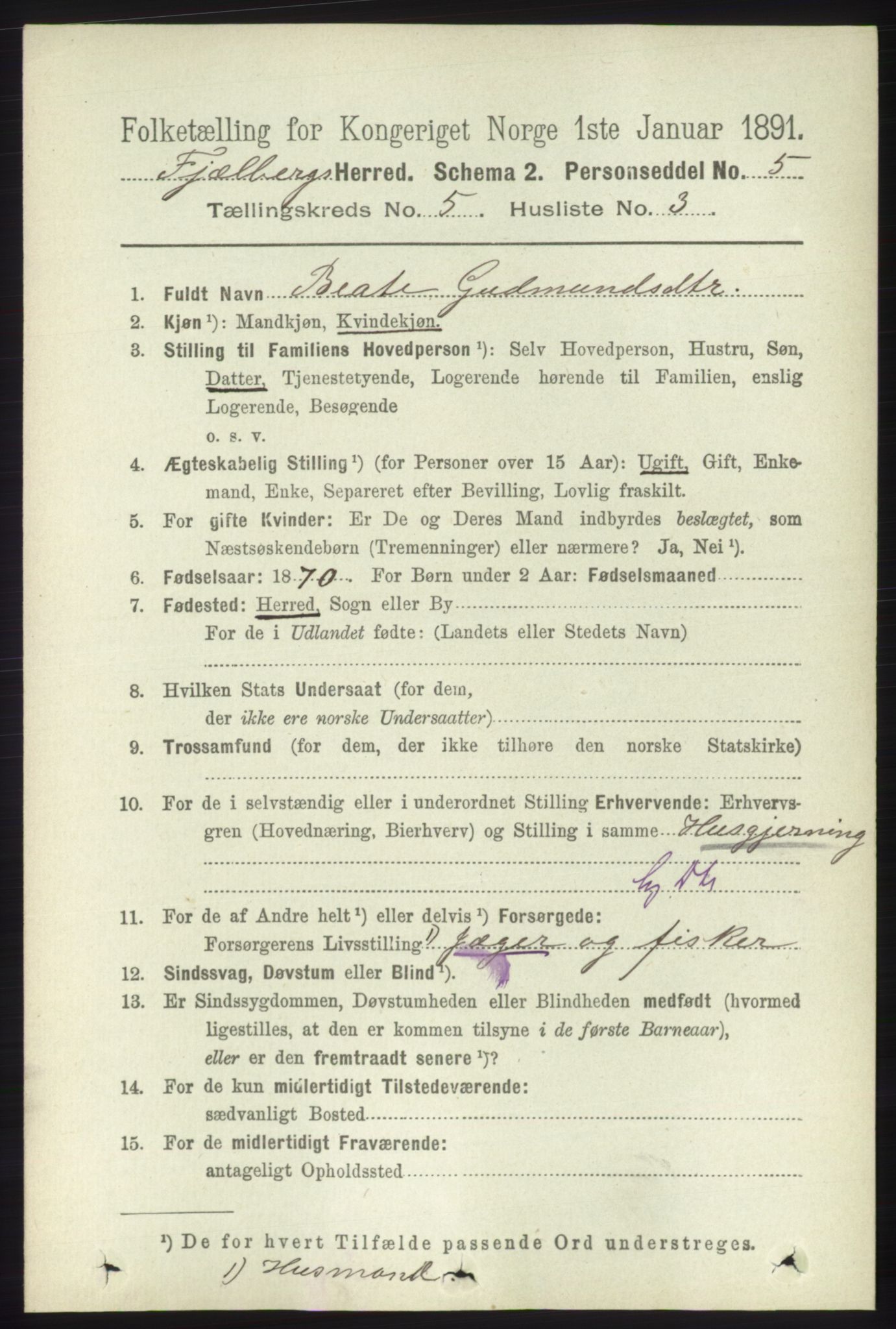 RA, 1891 census for 1213 Fjelberg, 1891, p. 1508