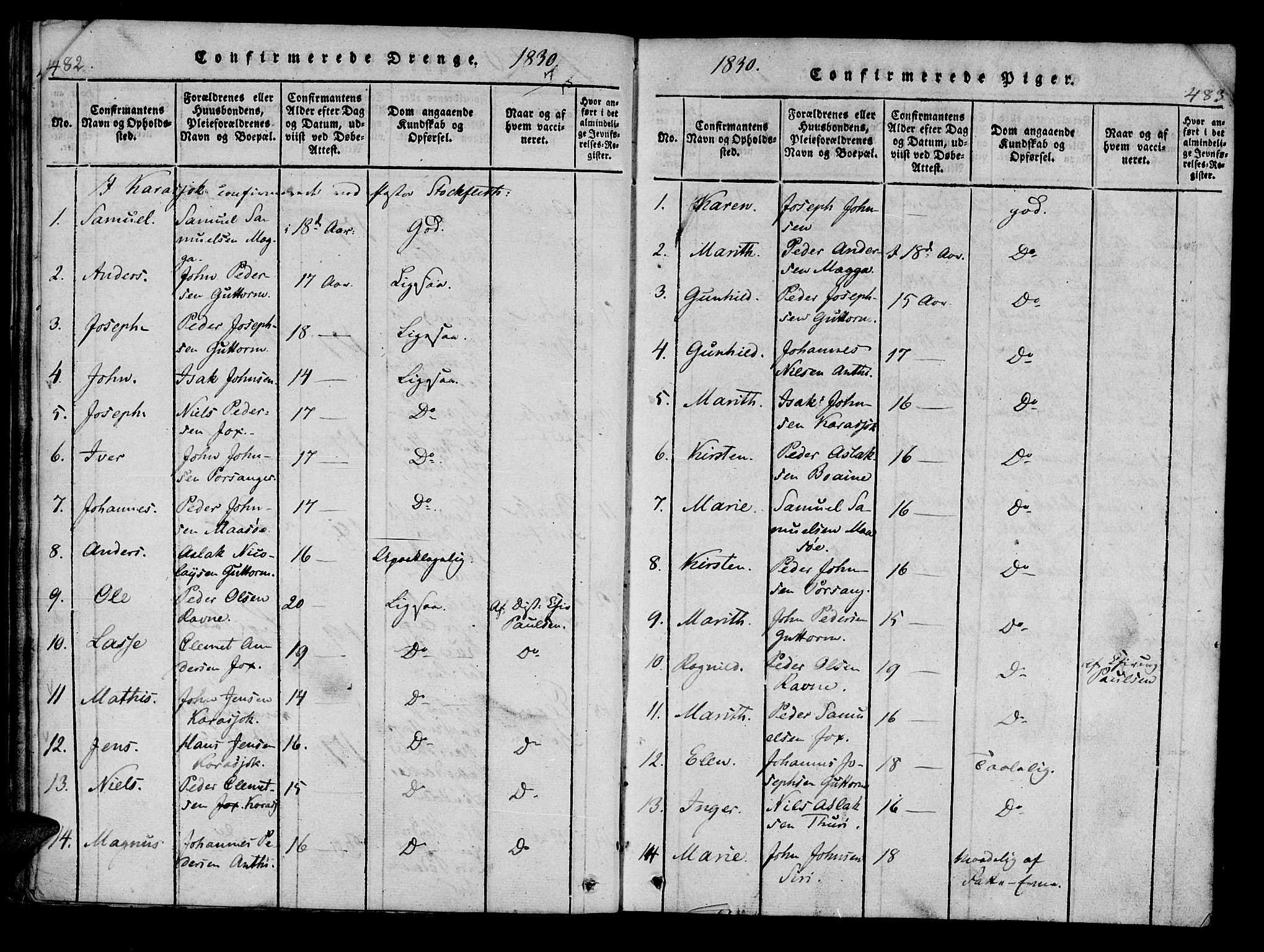 Kistrand/Porsanger sokneprestembete, AV/SATØ-S-1351/H/Ha/L0010.kirke: Parish register (official) no. 10, 1821-1842, p. 482-483