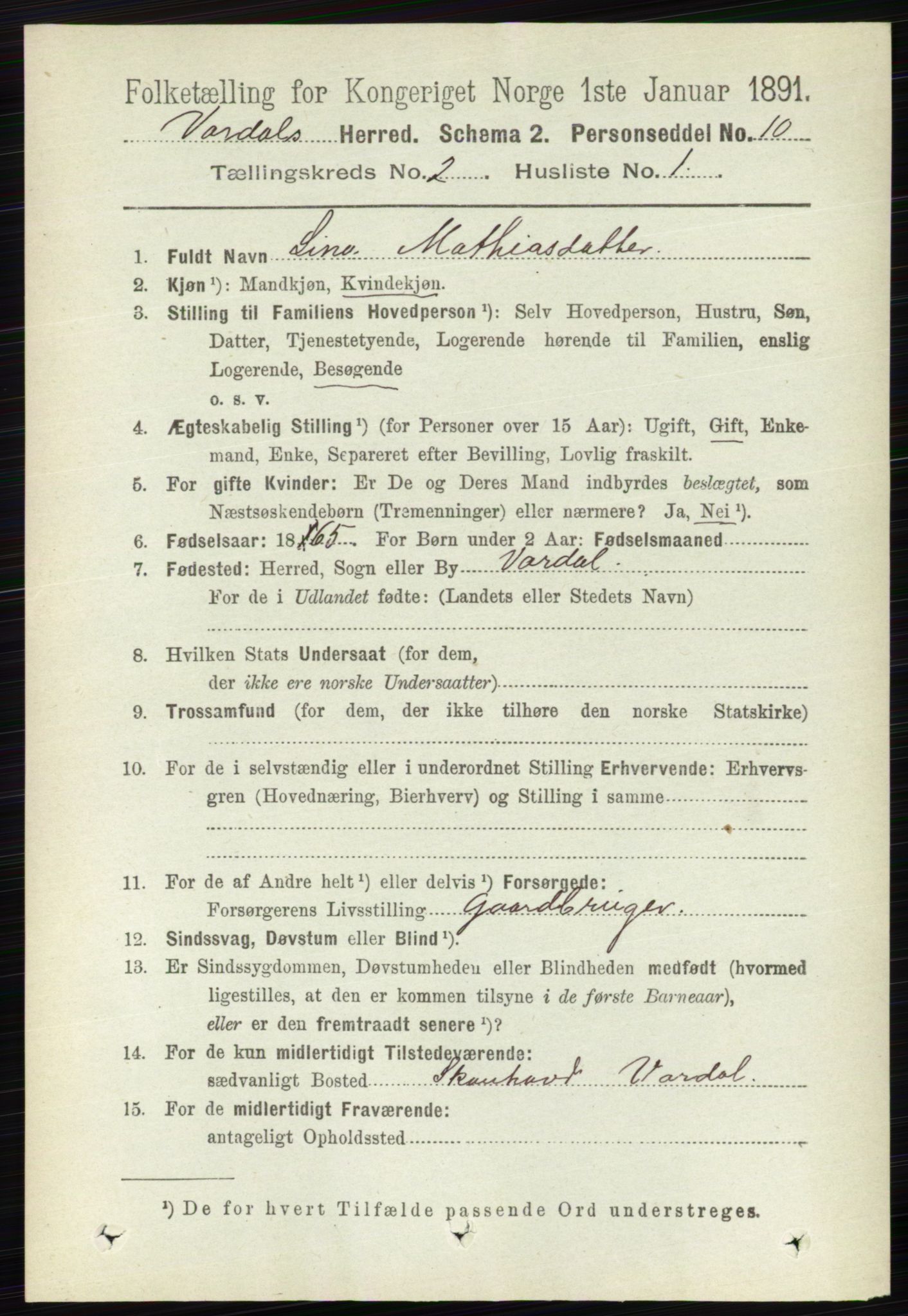 RA, 1891 census for 0527 Vardal, 1891, p. 533