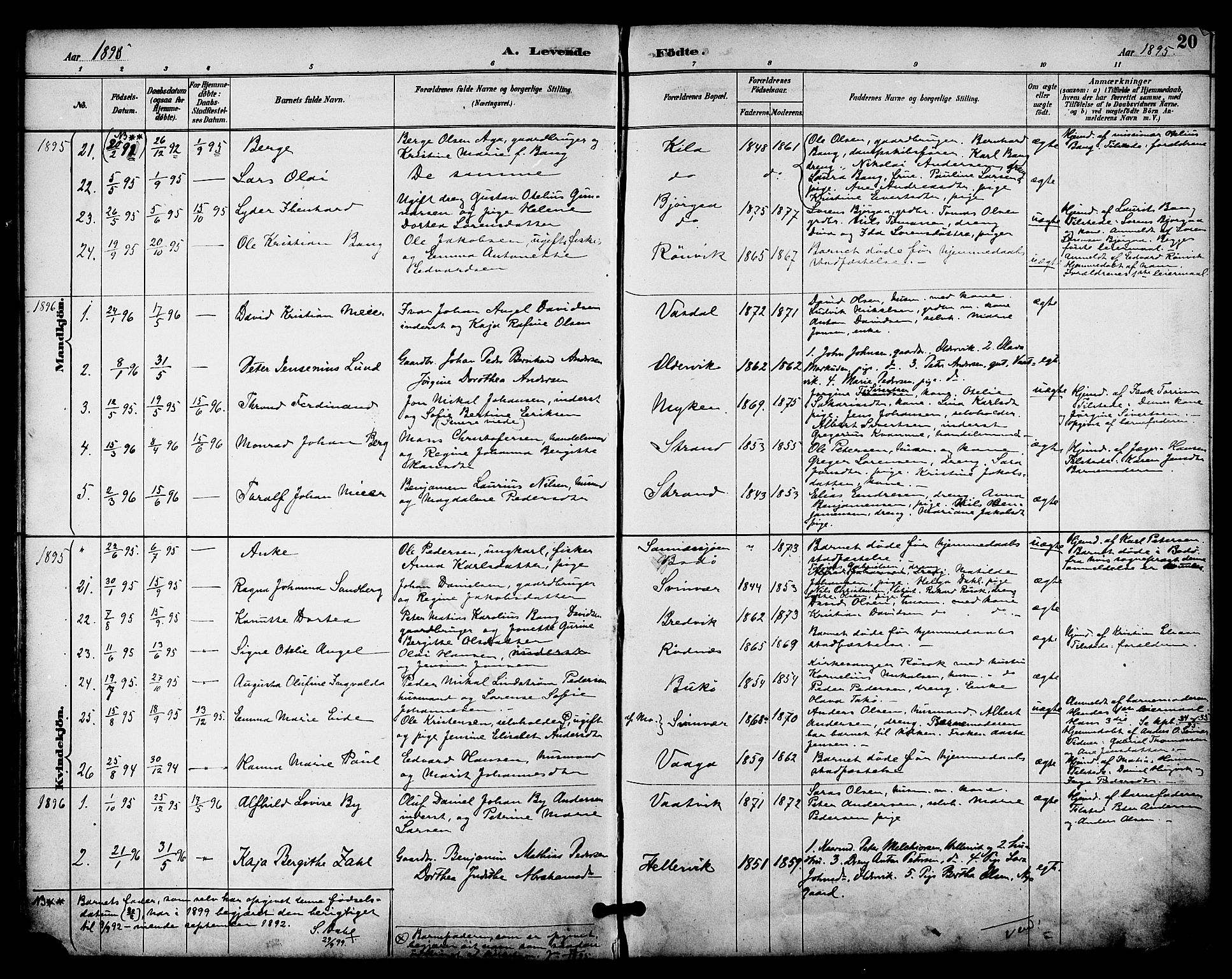 Ministerialprotokoller, klokkerbøker og fødselsregistre - Nordland, AV/SAT-A-1459/841/L0610: Parish register (official) no. 841A14, 1890-1901, p. 20