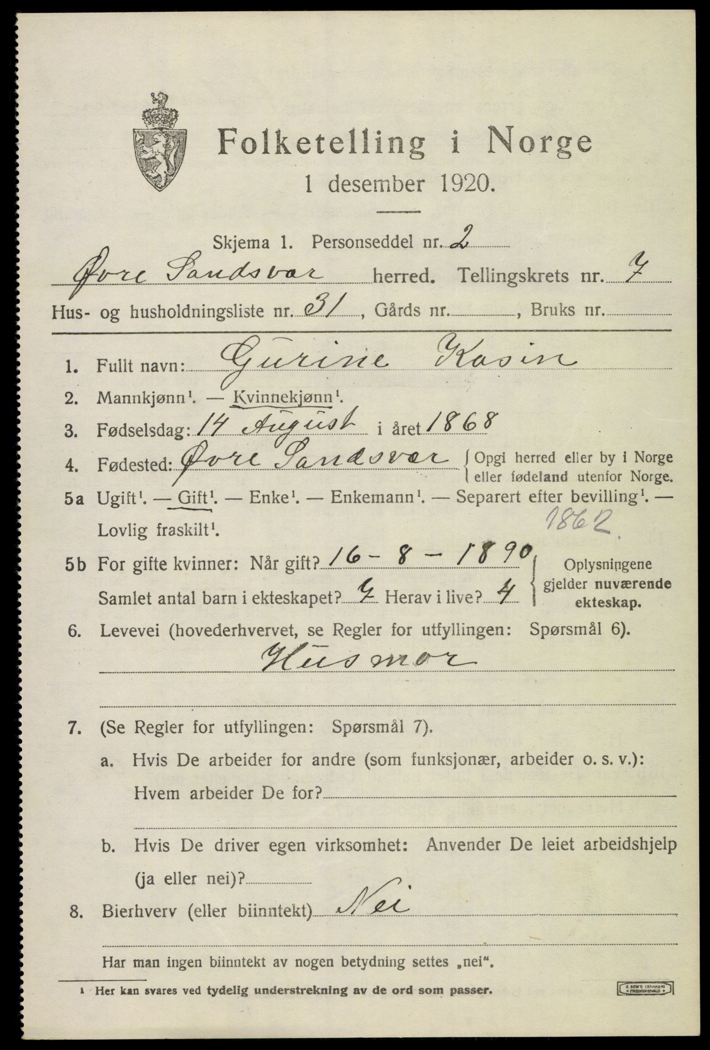 SAKO, 1920 census for Øvre Sandsvær, 1920, p. 4130