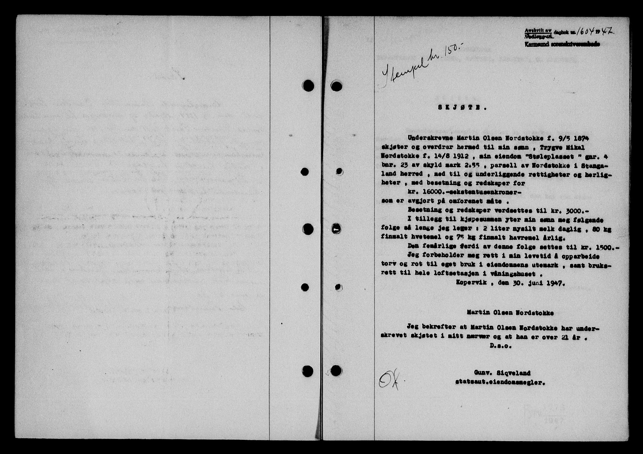 Karmsund sorenskriveri, SAST/A-100311/01/II/IIB/L0090: Mortgage book no. 70A, 1947-1947, Diary no: : 1604/1947