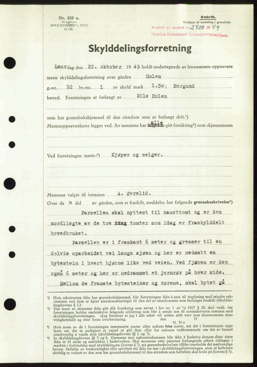 Nordre Sunnmøre sorenskriveri, AV/SAT-A-0006/1/2/2C/2Ca: Mortgage book no. A32, 1949-1949, Diary no: : 2480/1949