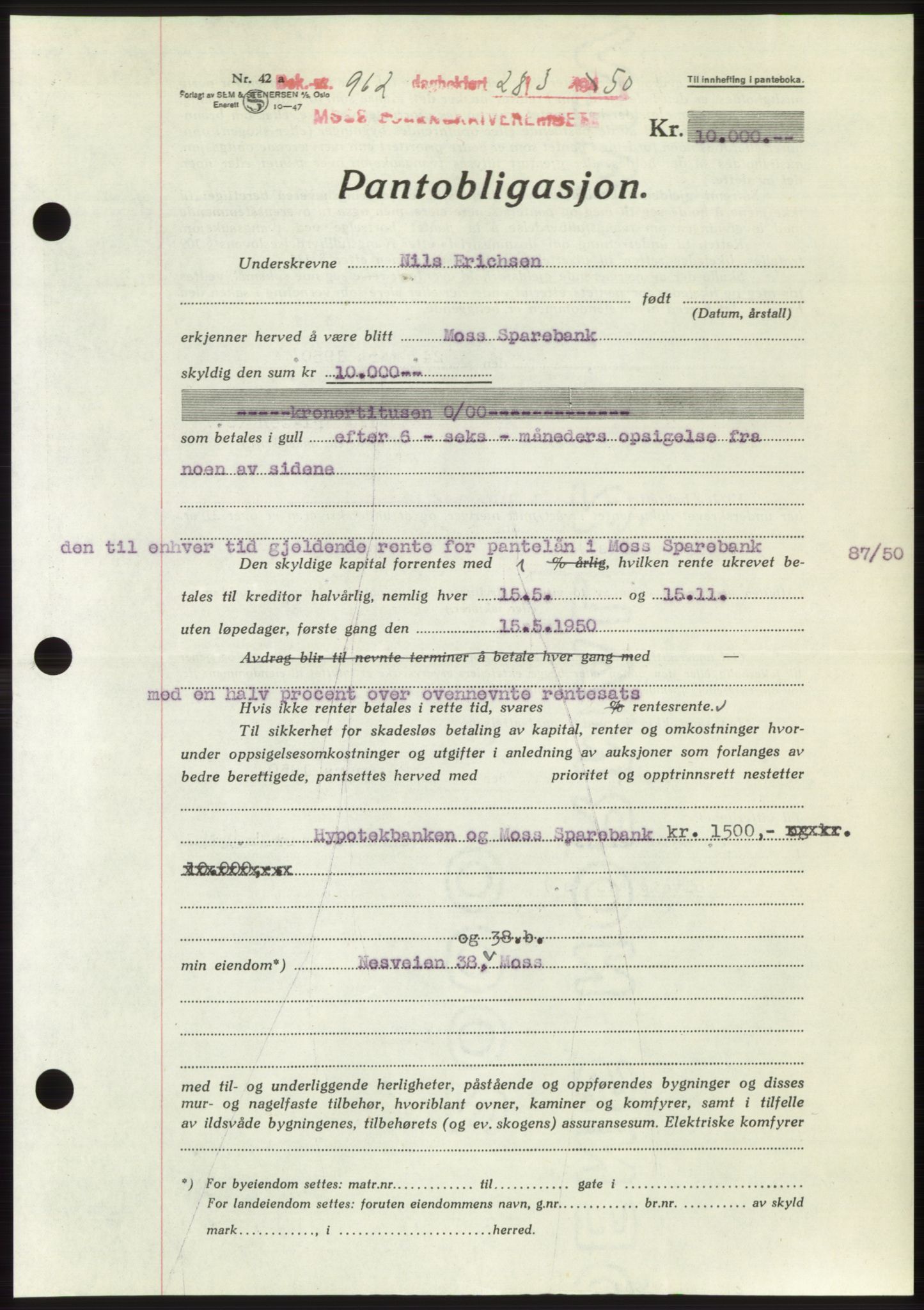 Moss sorenskriveri, AV/SAO-A-10168: Mortgage book no. B24, 1950-1950, Diary no: : 962/1950