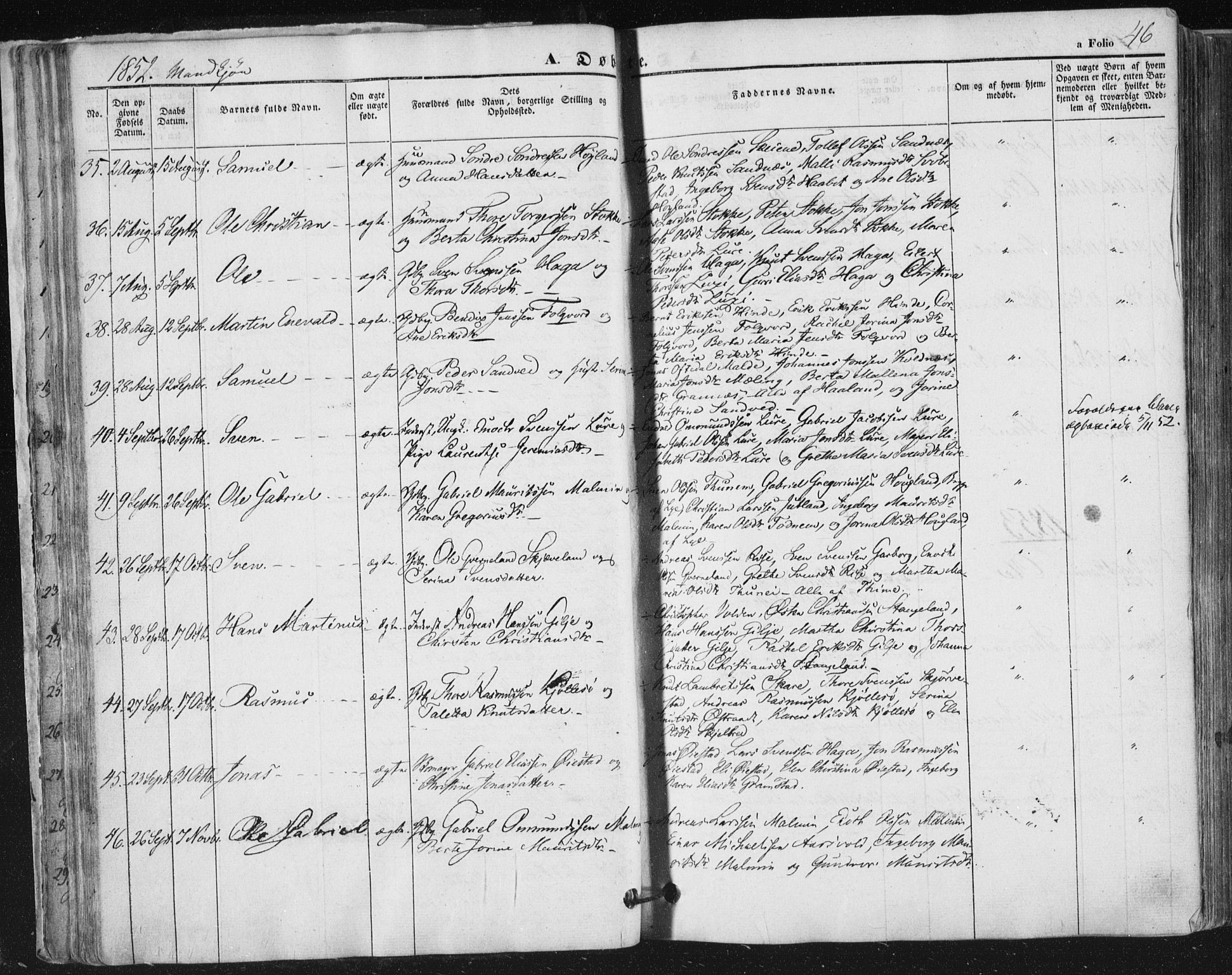Høyland sokneprestkontor, AV/SAST-A-101799/001/30BA/L0008: Parish register (official) no. A 8, 1841-1856, p. 46