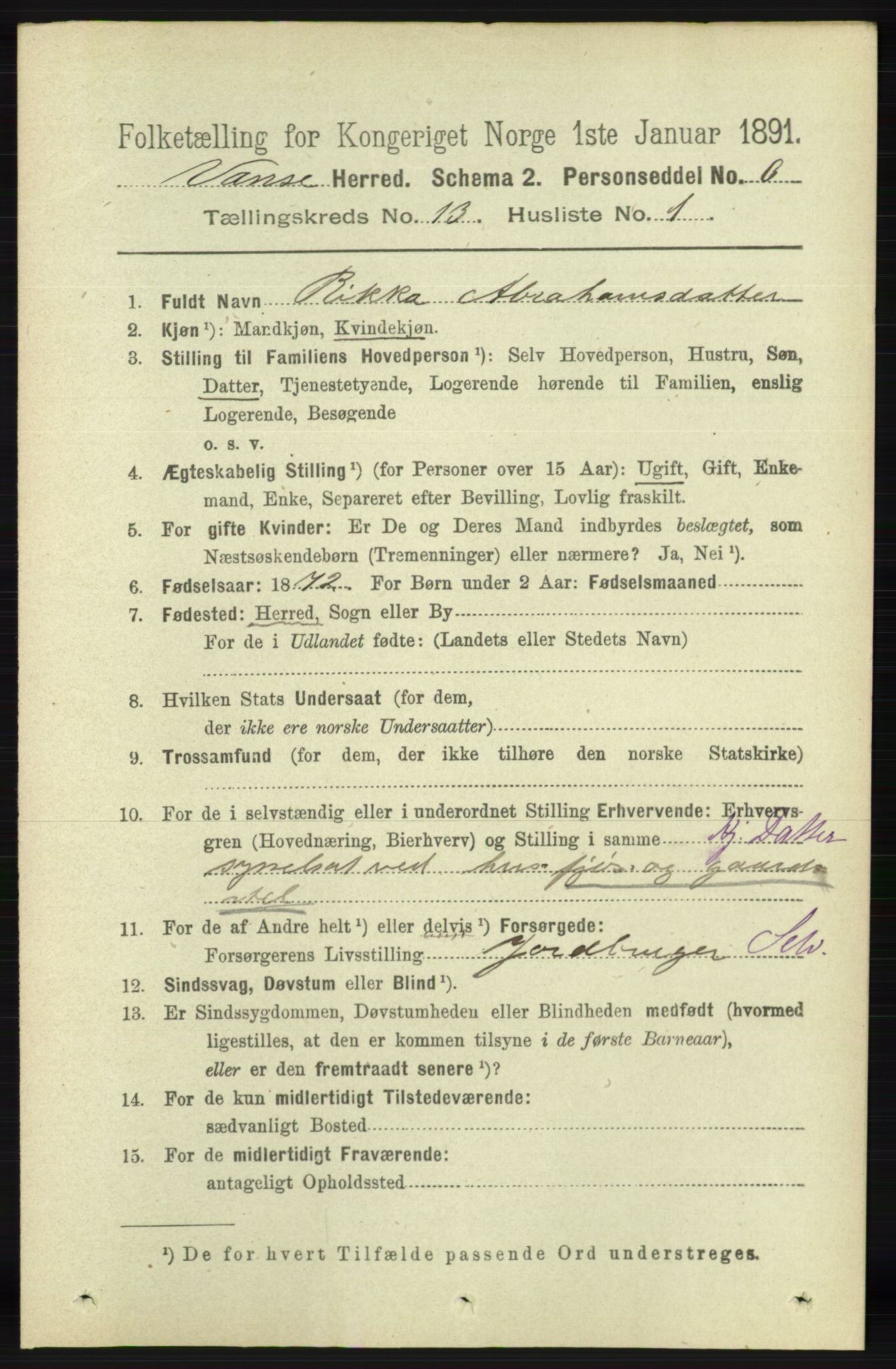 RA, 1891 census for 1041 Vanse, 1891, p. 7520