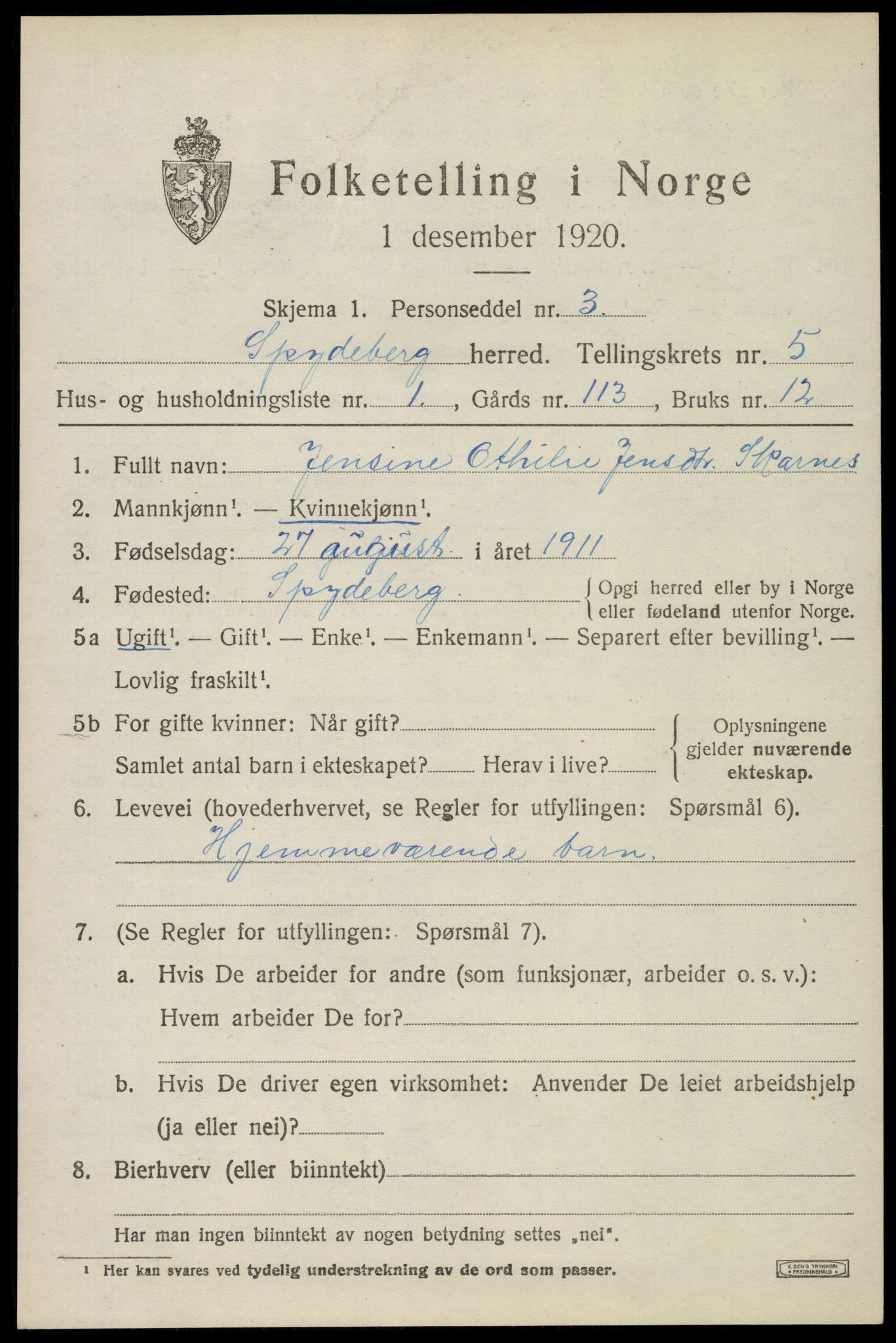 SAO, 1920 census for Spydeberg, 1920, p. 6143