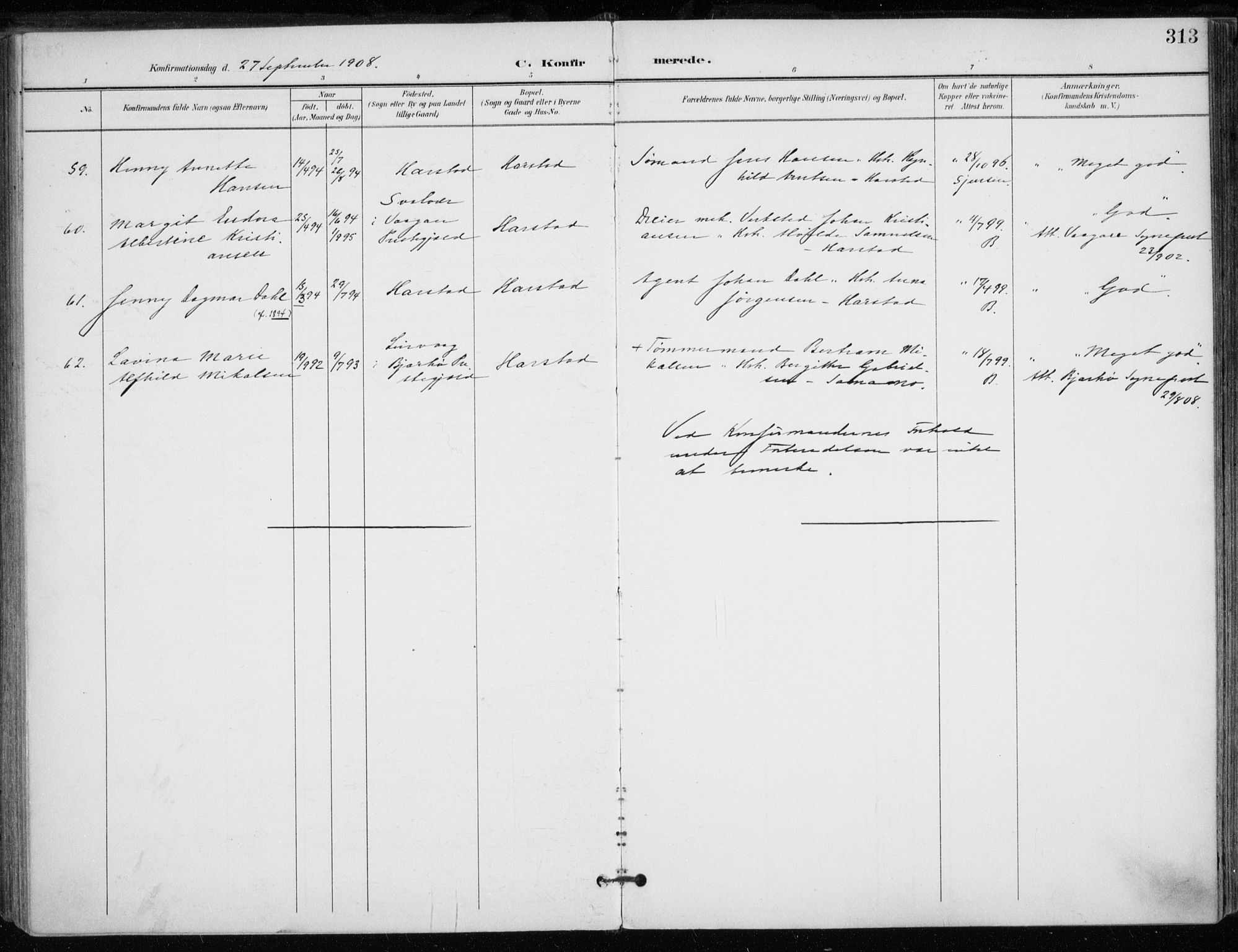 Trondenes sokneprestkontor, AV/SATØ-S-1319/H/Ha/L0017kirke: Parish register (official) no. 17, 1899-1908, p. 313