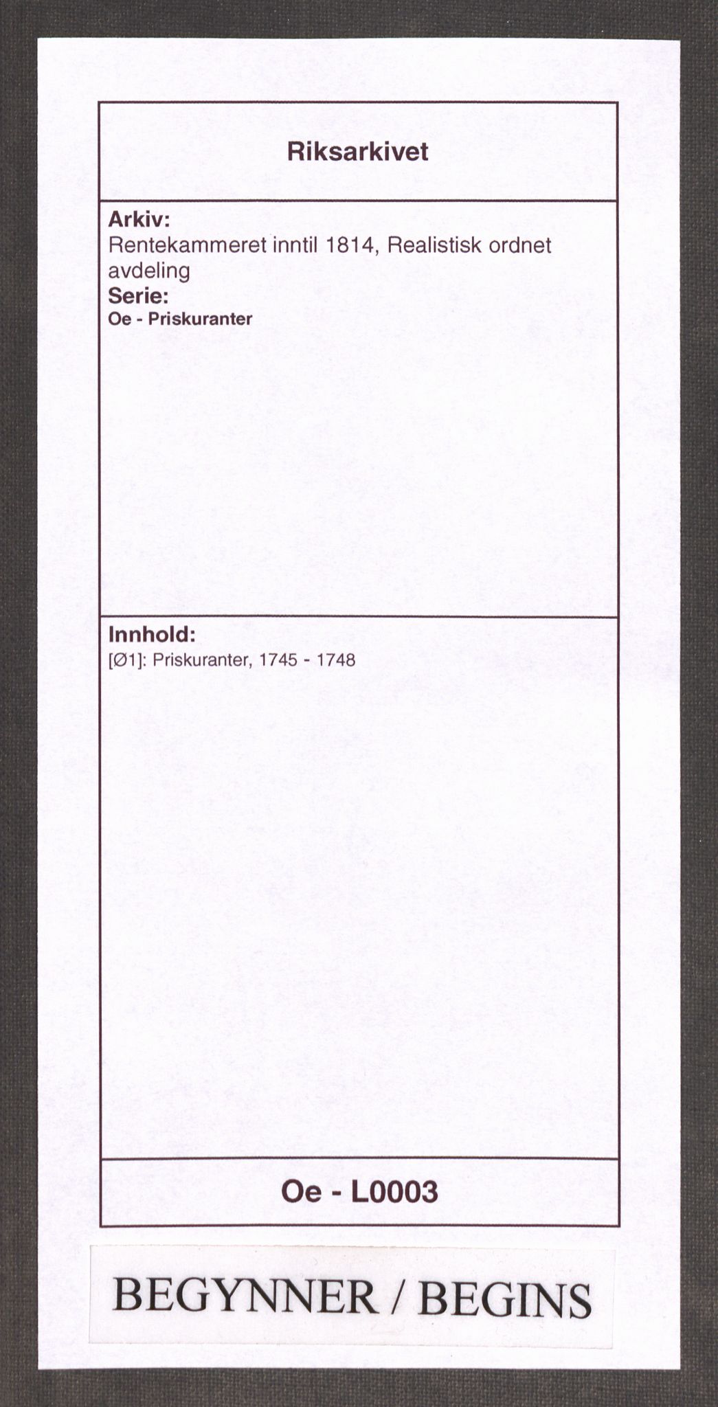 Rentekammeret inntil 1814, Realistisk ordnet avdeling, RA/EA-4070/Oe/L0003: [Ø1]: Priskuranter, 1745-1748, p. 1