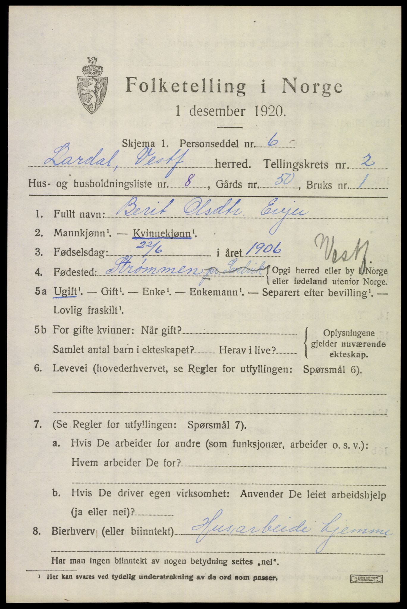SAKO, 1920 census for Lardal, 1920, p. 2045