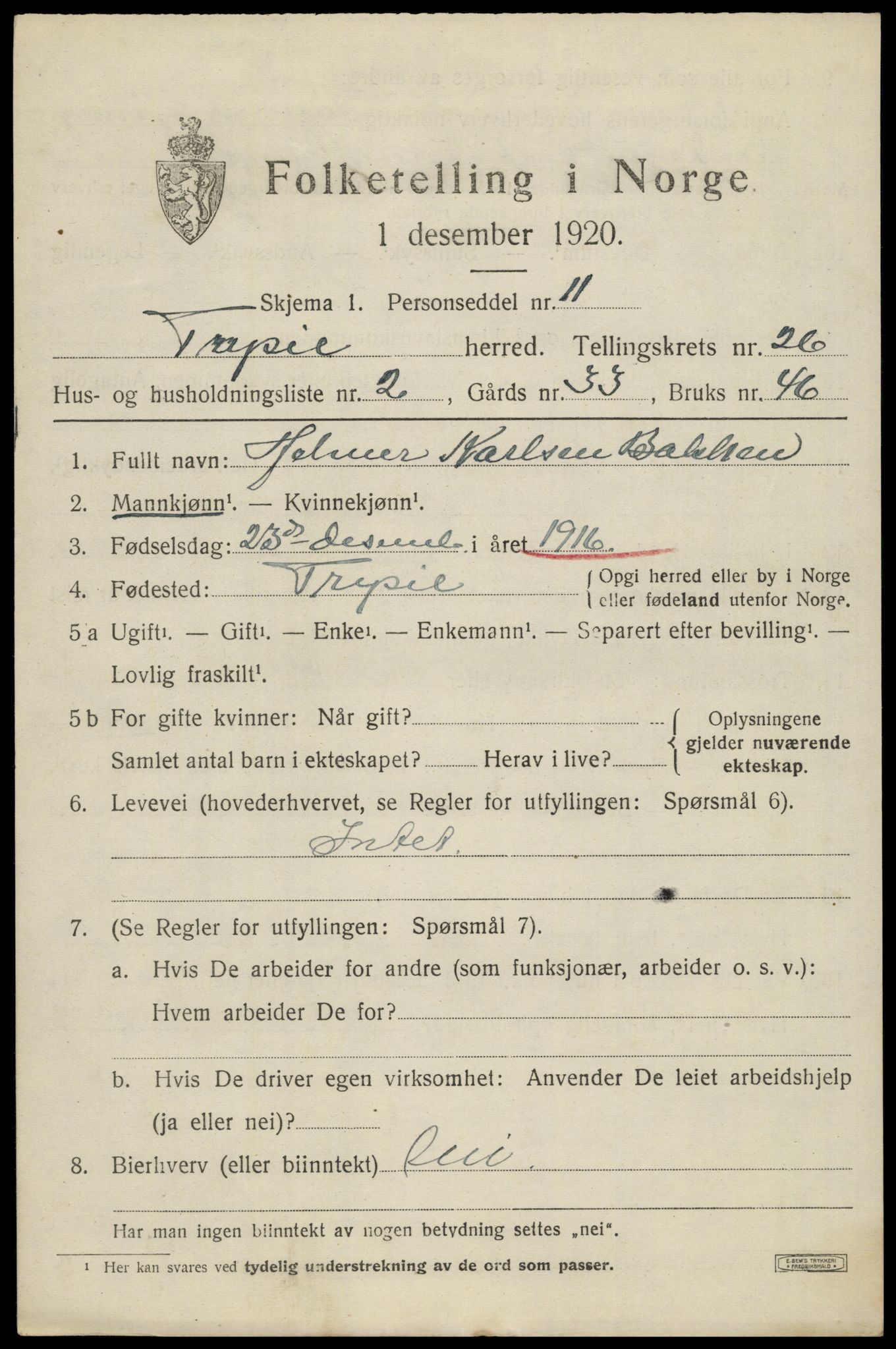 SAH, 1920 census for Trysil, 1920, p. 16137