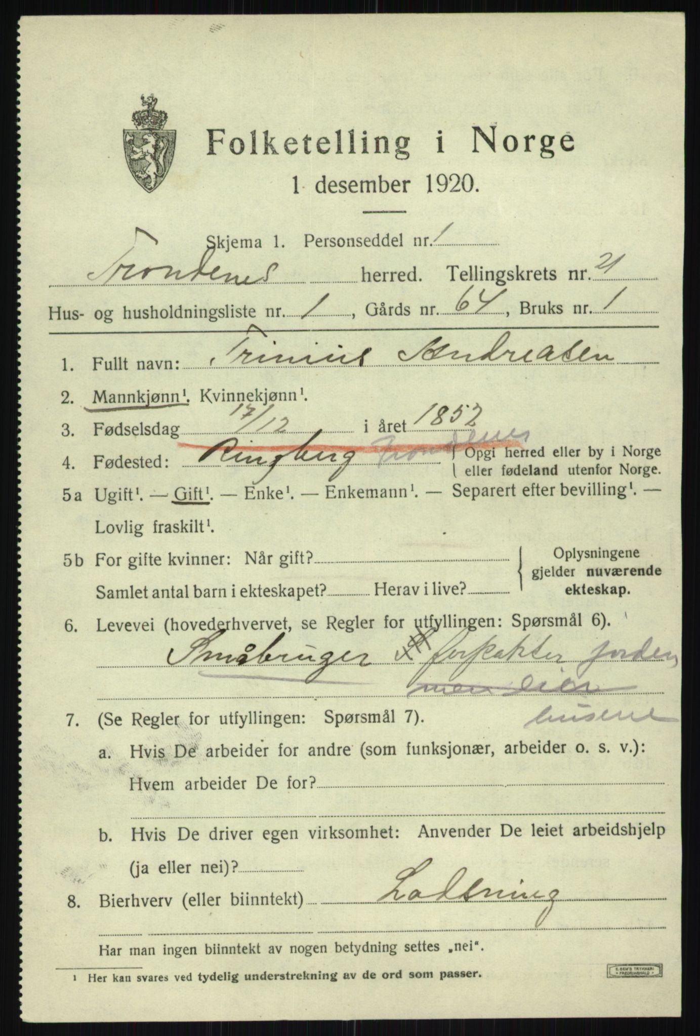 SATØ, 1920 census for Trondenes, 1920, p. 16302