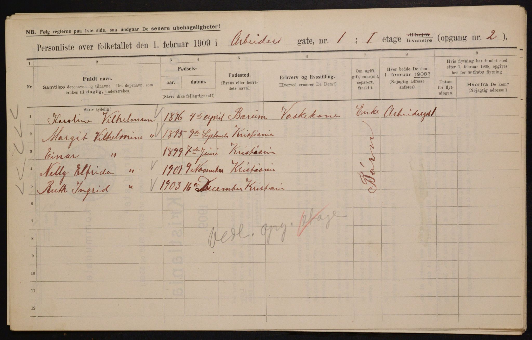 OBA, Municipal Census 1909 for Kristiania, 1909, p. 1421