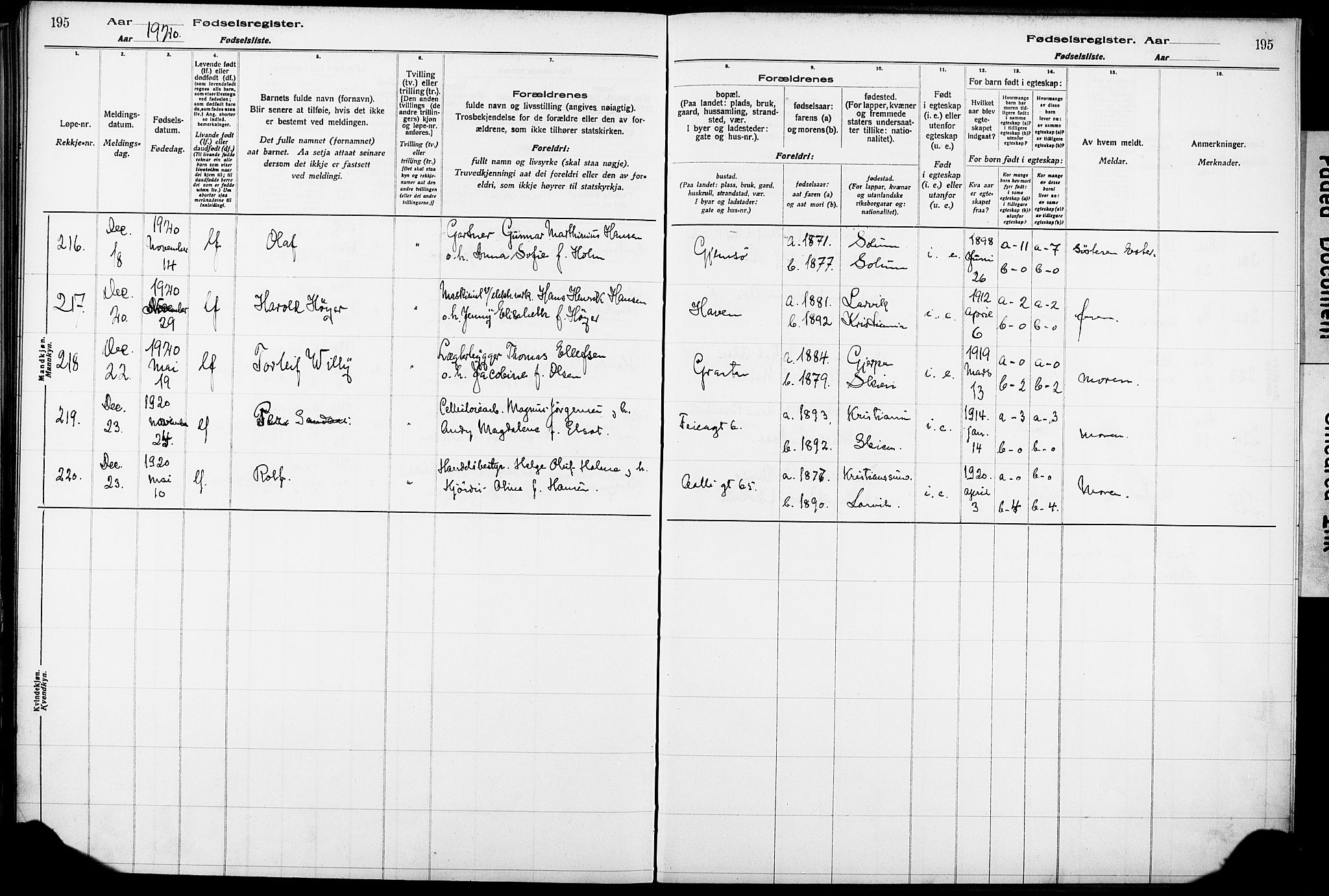 Skien kirkebøker, AV/SAKO-A-302/J/Ja/L0001: Birth register no. 1, 1916-1920, p. 195