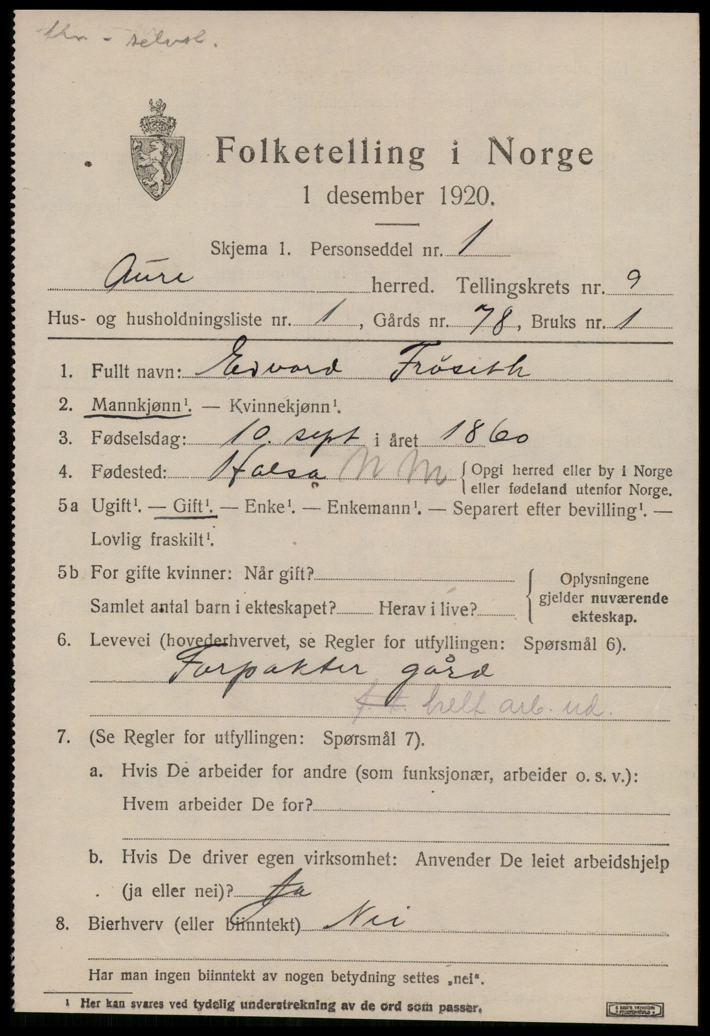 SAT, 1920 census for Aure, 1920, p. 3538