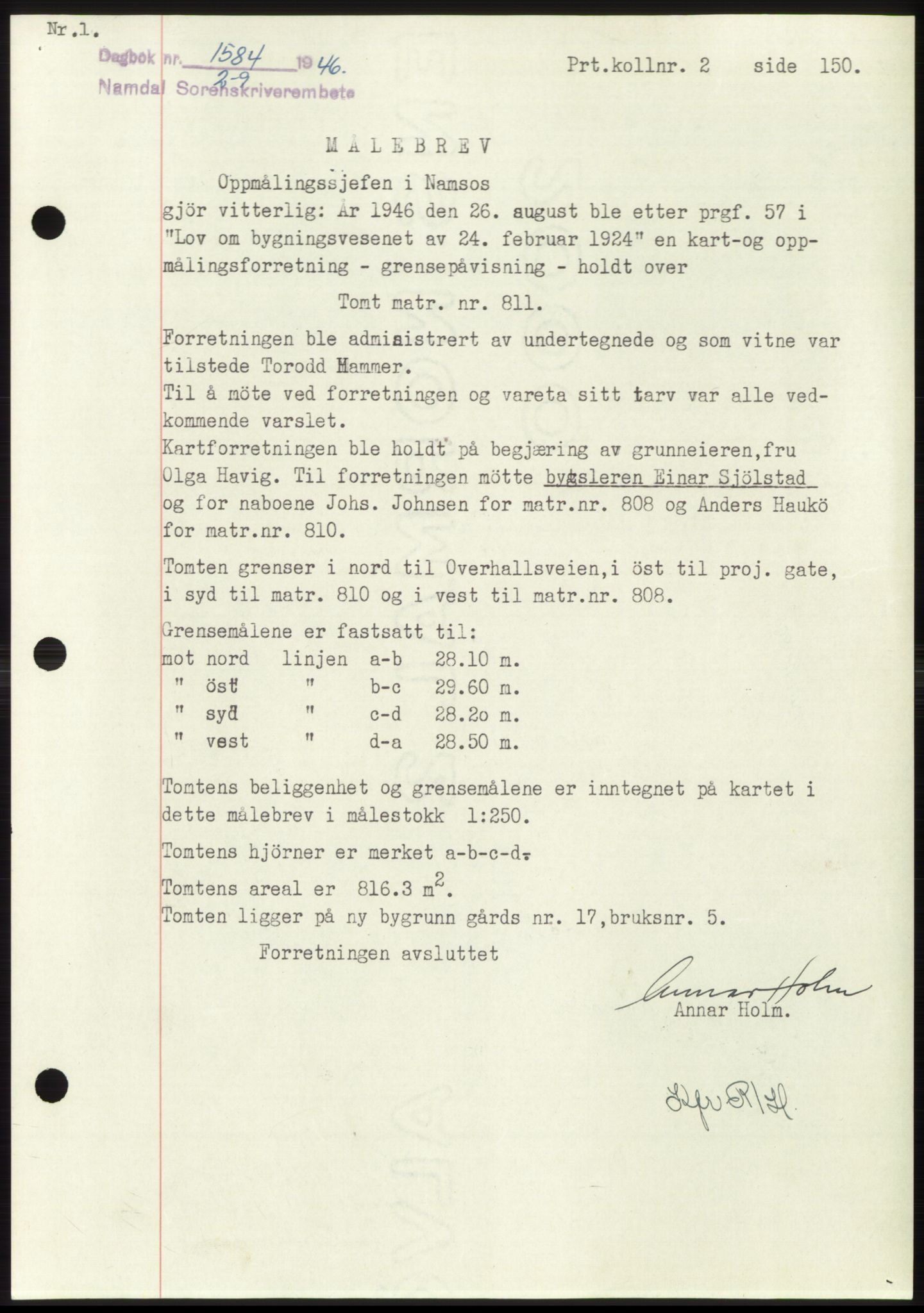 Namdal sorenskriveri, SAT/A-4133/1/2/2C: Mortgage book no. -, 1946-1947, Diary no: : 1584/1946
