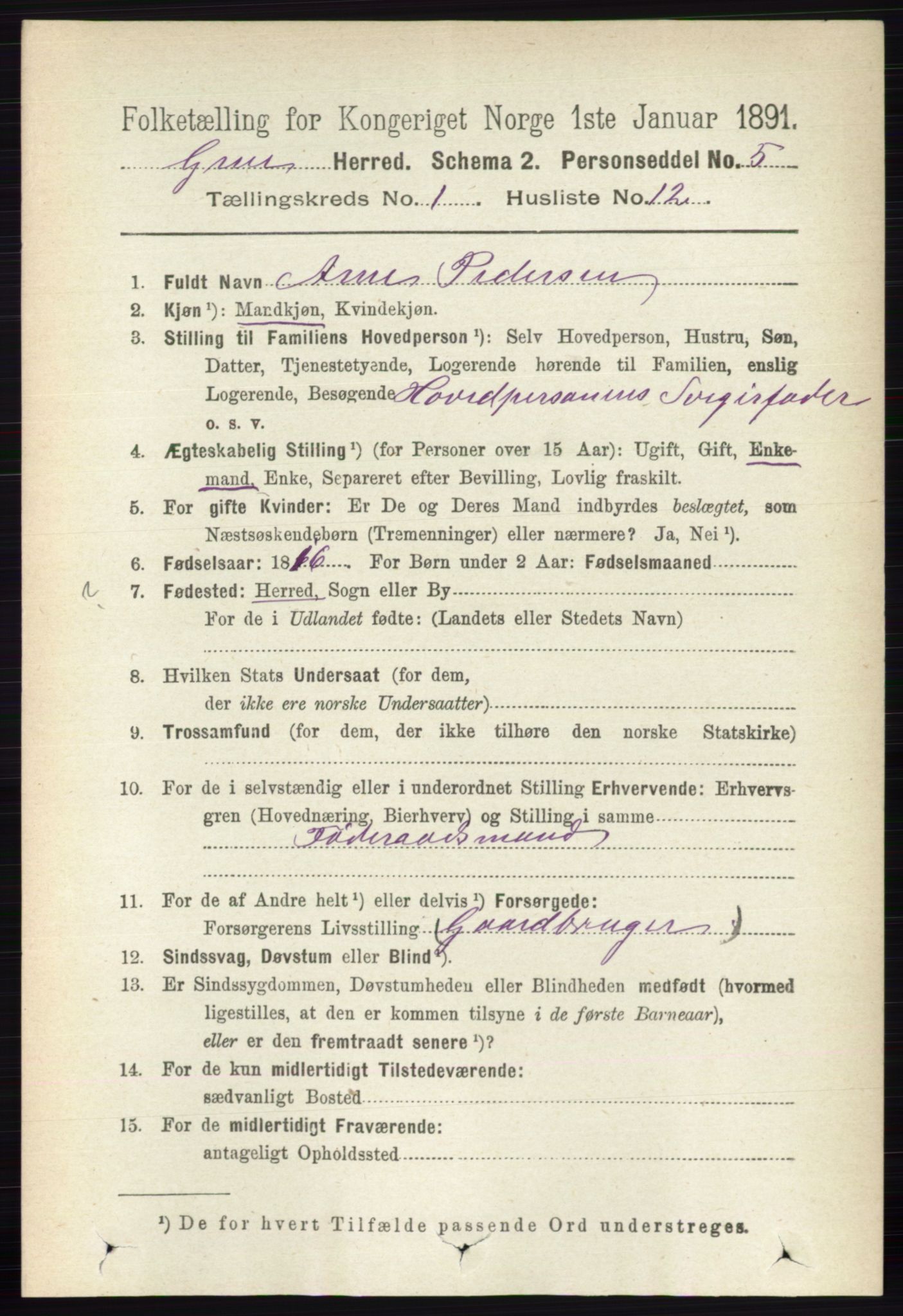 RA, 1891 census for 0423 Grue, 1891, p. 265