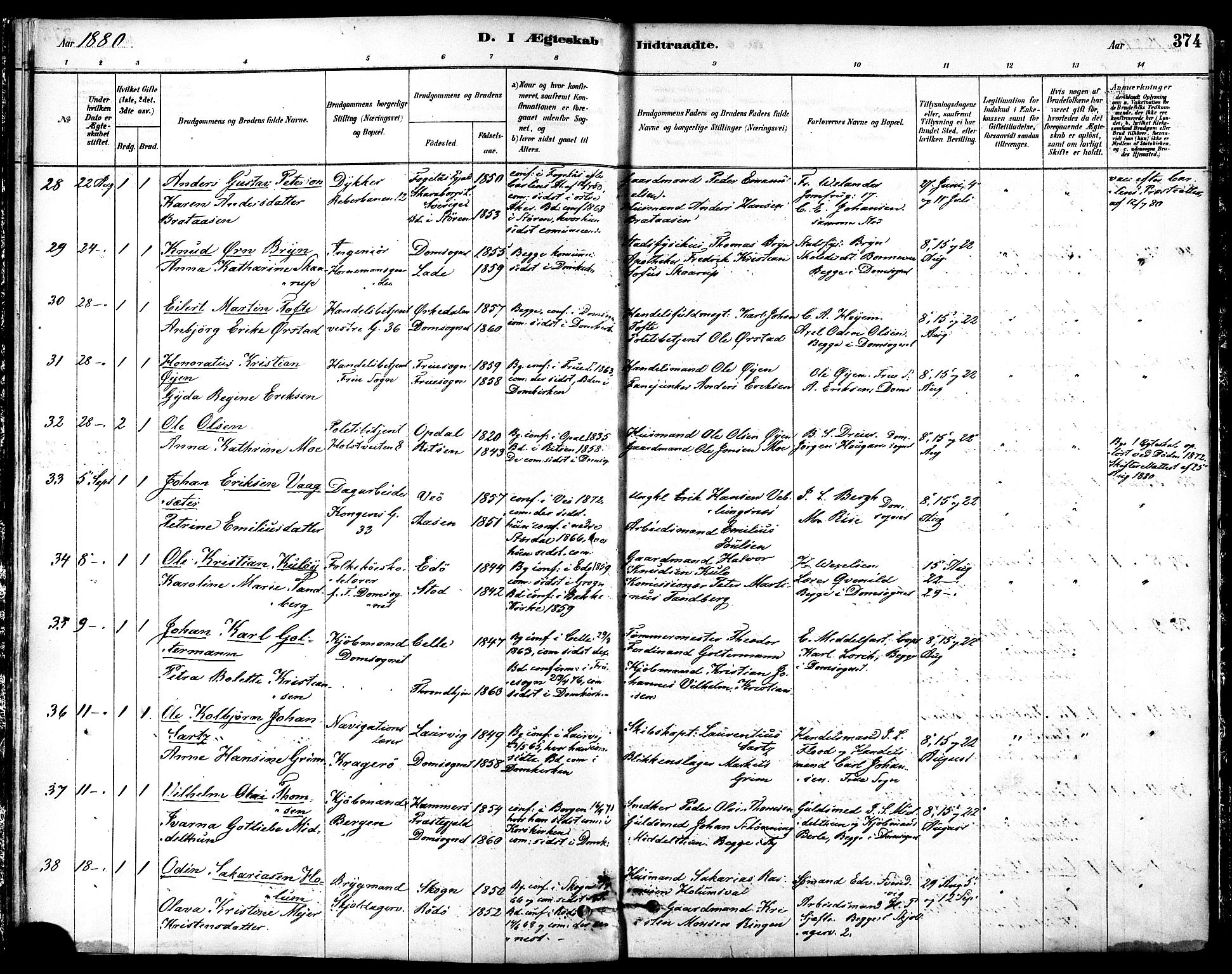 Ministerialprotokoller, klokkerbøker og fødselsregistre - Sør-Trøndelag, AV/SAT-A-1456/601/L0058: Parish register (official) no. 601A26, 1877-1891, p. 374