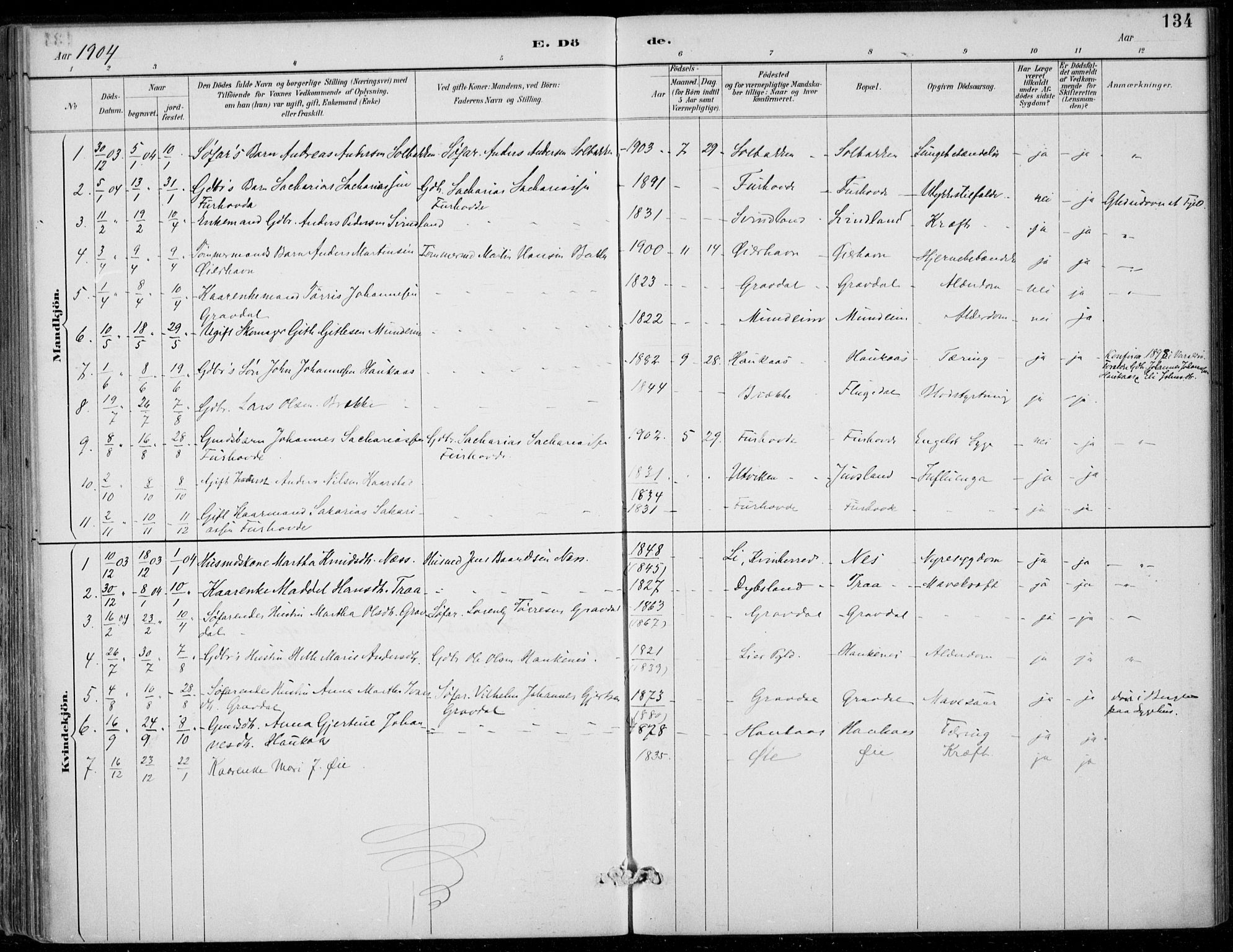 Strandebarm sokneprestembete, SAB/A-78401/H/Haa: Parish register (official) no. D  1, 1886-1912, p. 134