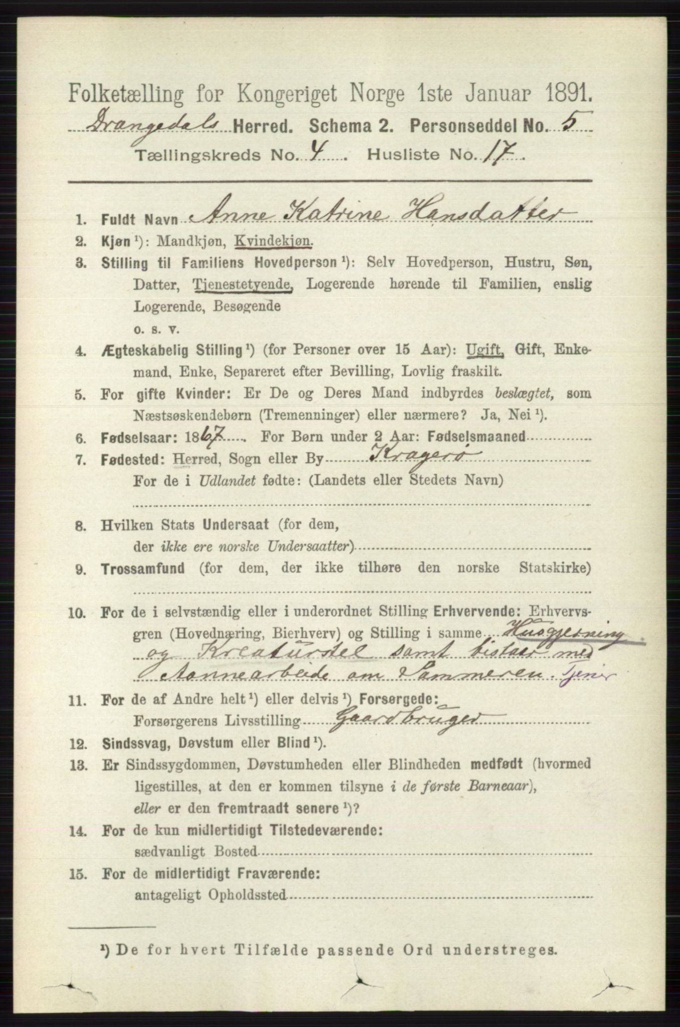 RA, 1891 census for 0817 Drangedal, 1891, p. 1423