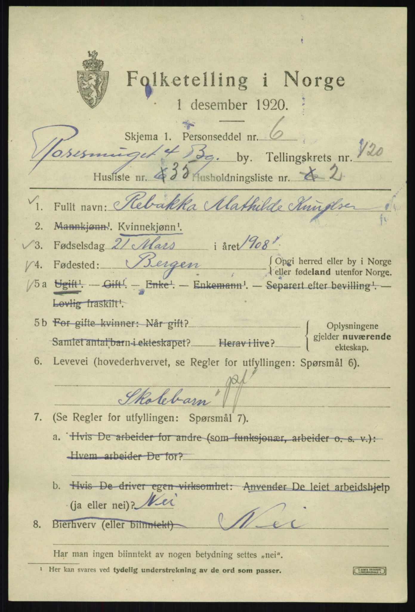 SAB, 1920 census for Bergen, 1920, p. 202036