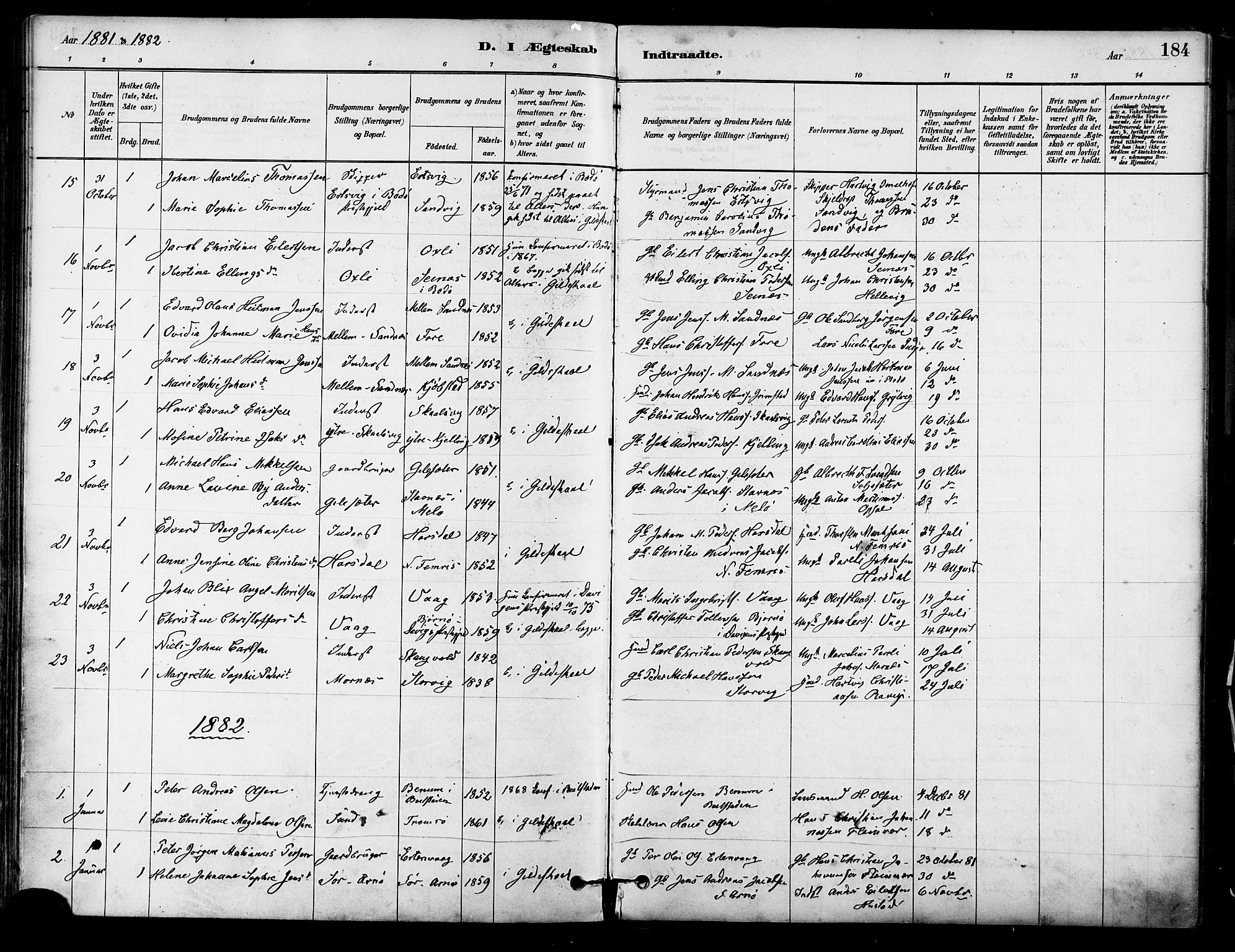 Ministerialprotokoller, klokkerbøker og fødselsregistre - Nordland, AV/SAT-A-1459/805/L0099: Parish register (official) no. 805A06, 1880-1891, p. 184