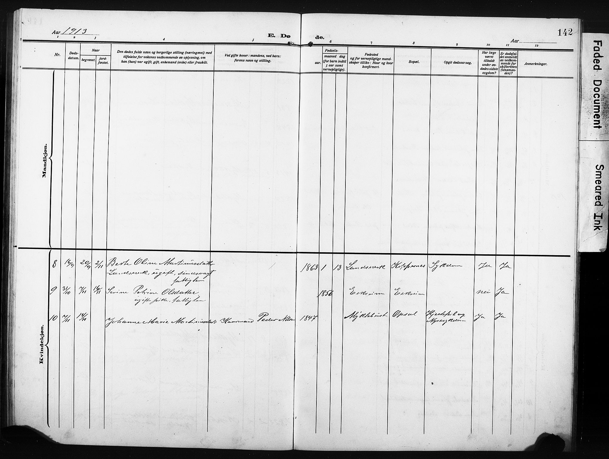 Ministerialprotokoller, klokkerbøker og fødselsregistre - Møre og Romsdal, AV/SAT-A-1454/502/L0028: Parish register (copy) no. 502C02, 1909-1932, p. 142