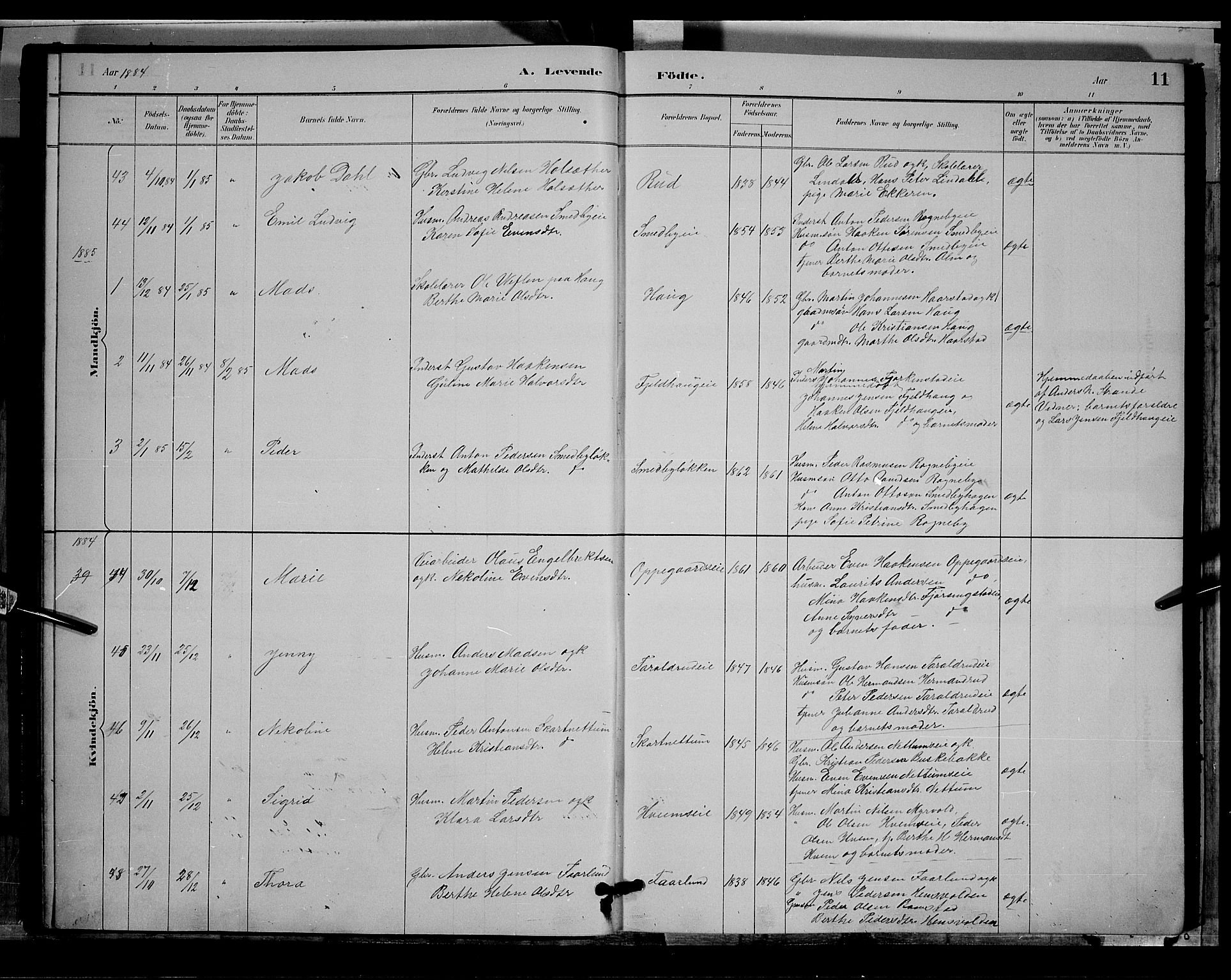 Østre Toten prestekontor, SAH/PREST-104/H/Ha/Hab/L0005: Parish register (copy) no. 5, 1884-1893, p. 11
