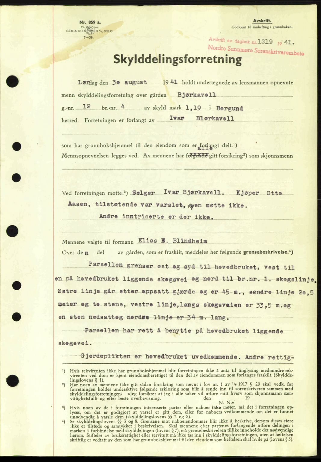 Nordre Sunnmøre sorenskriveri, AV/SAT-A-0006/1/2/2C/2Ca: Mortgage book no. A11, 1941-1941, Diary no: : 1319/1941