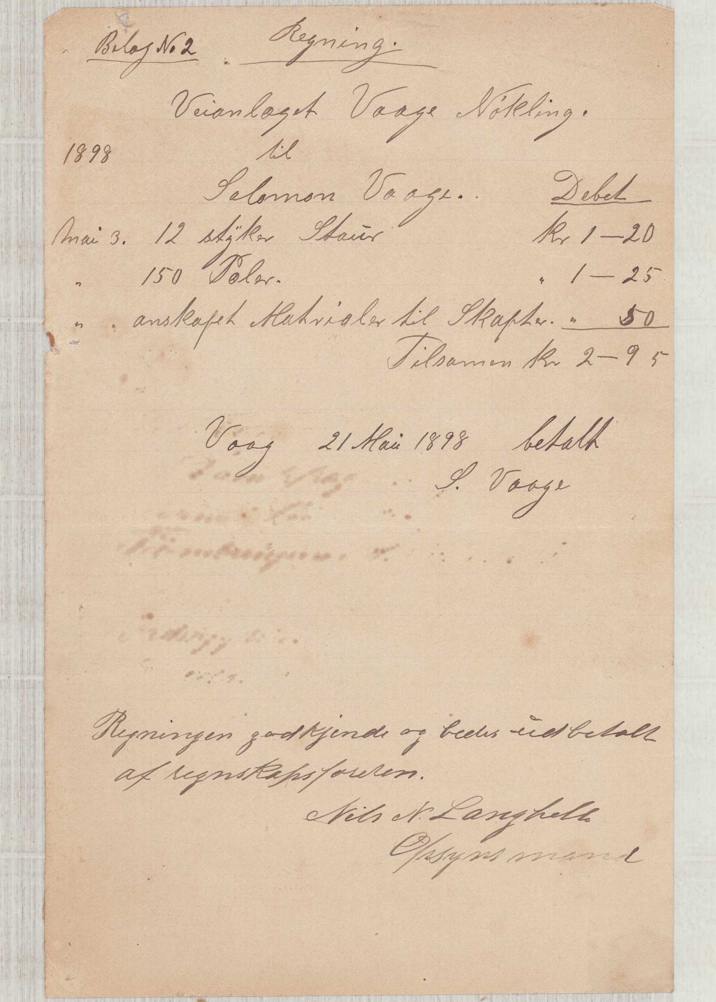 Finnaas kommune. Formannskapet, IKAH/1218a-021/E/Ea/L0002/0006: Rekneskap for veganlegg / Rekneskap for veganlegget Våge - Nøkling, 1898, p. 20