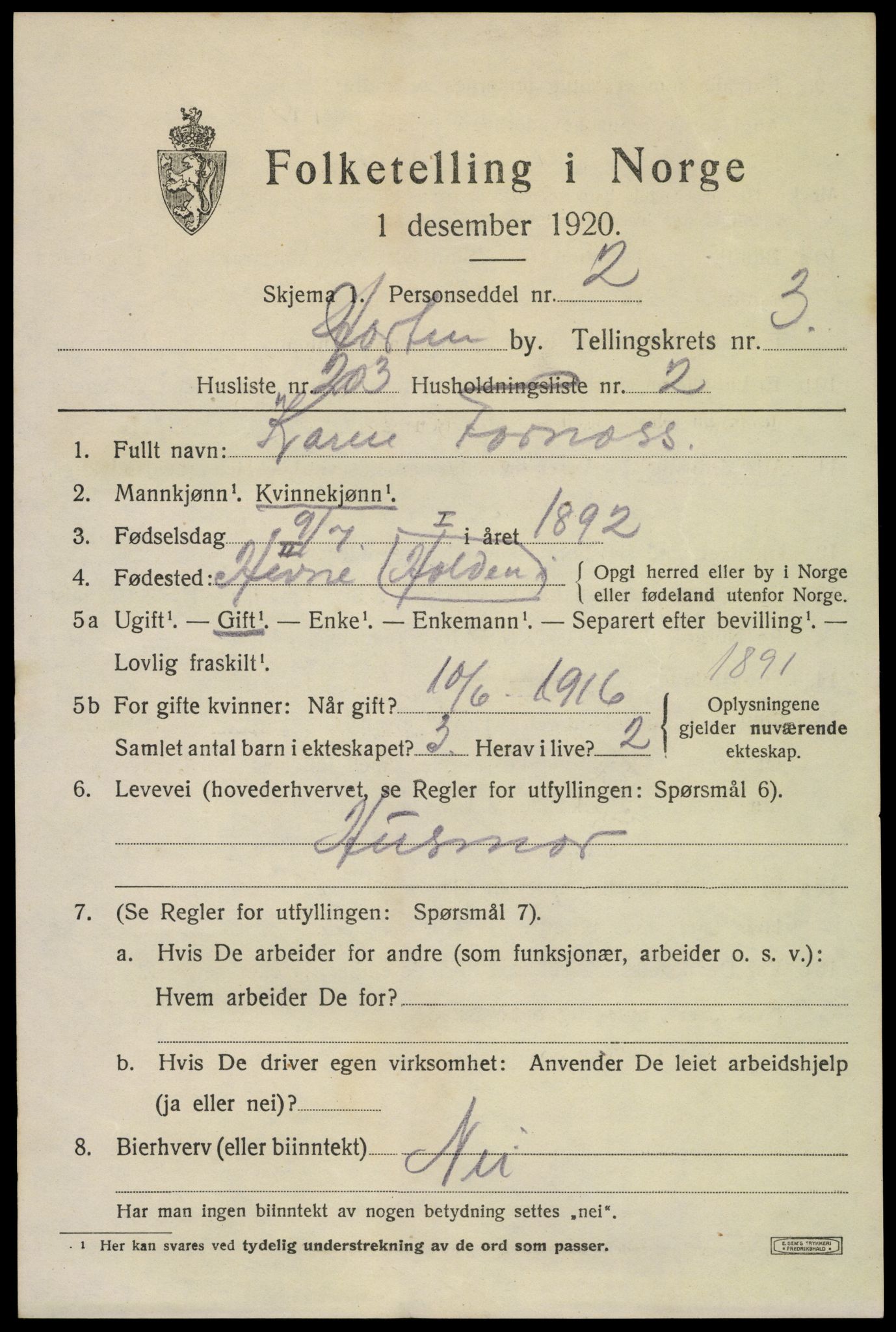 SAKO, 1920 census for Horten, 1920, p. 16255