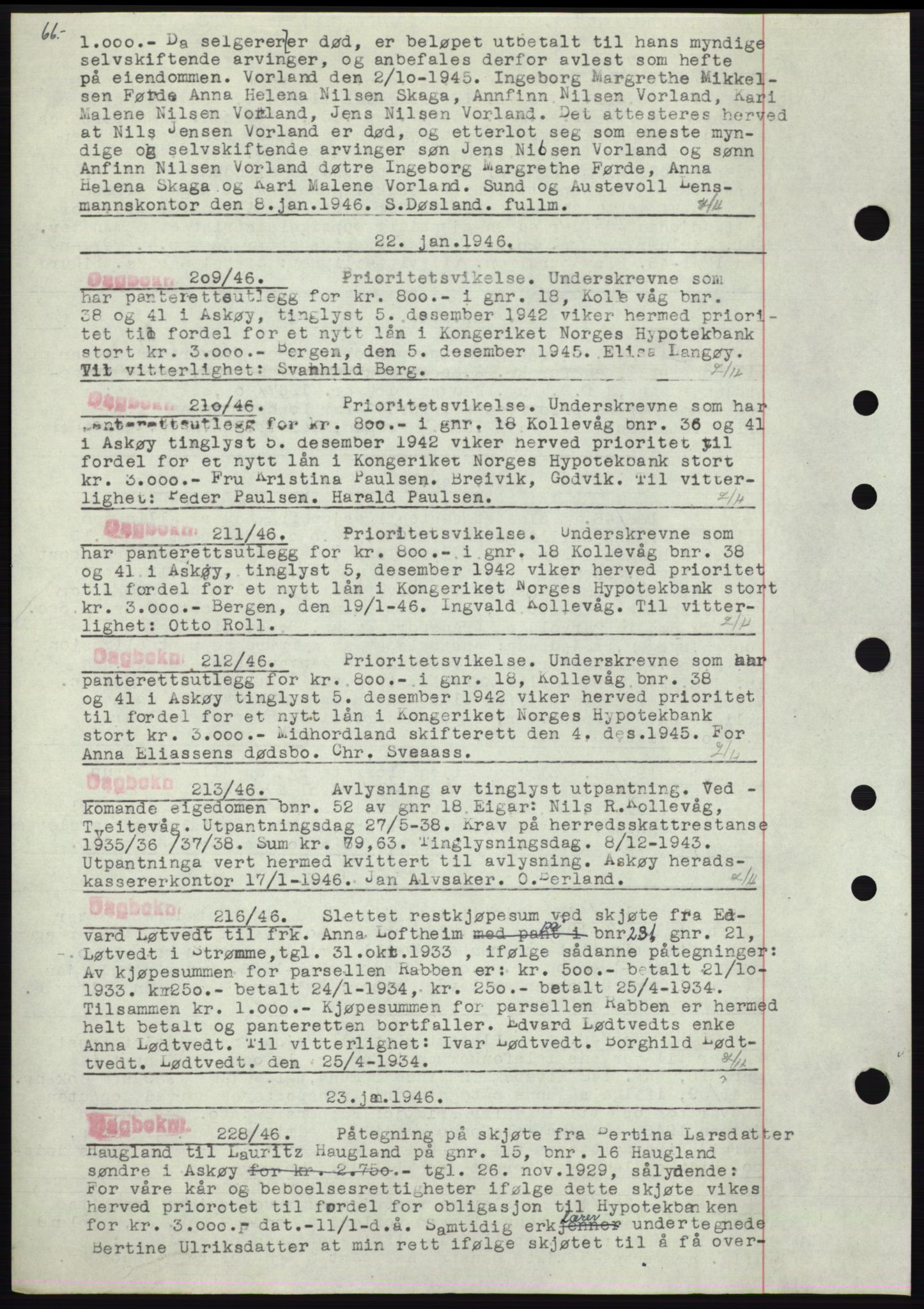 Midhordland sorenskriveri, AV/SAB-A-3001/1/G/Gb/Gbp/L0004: Mortgage book no. C3b, 1946-1949, Diary no: : 209/1946