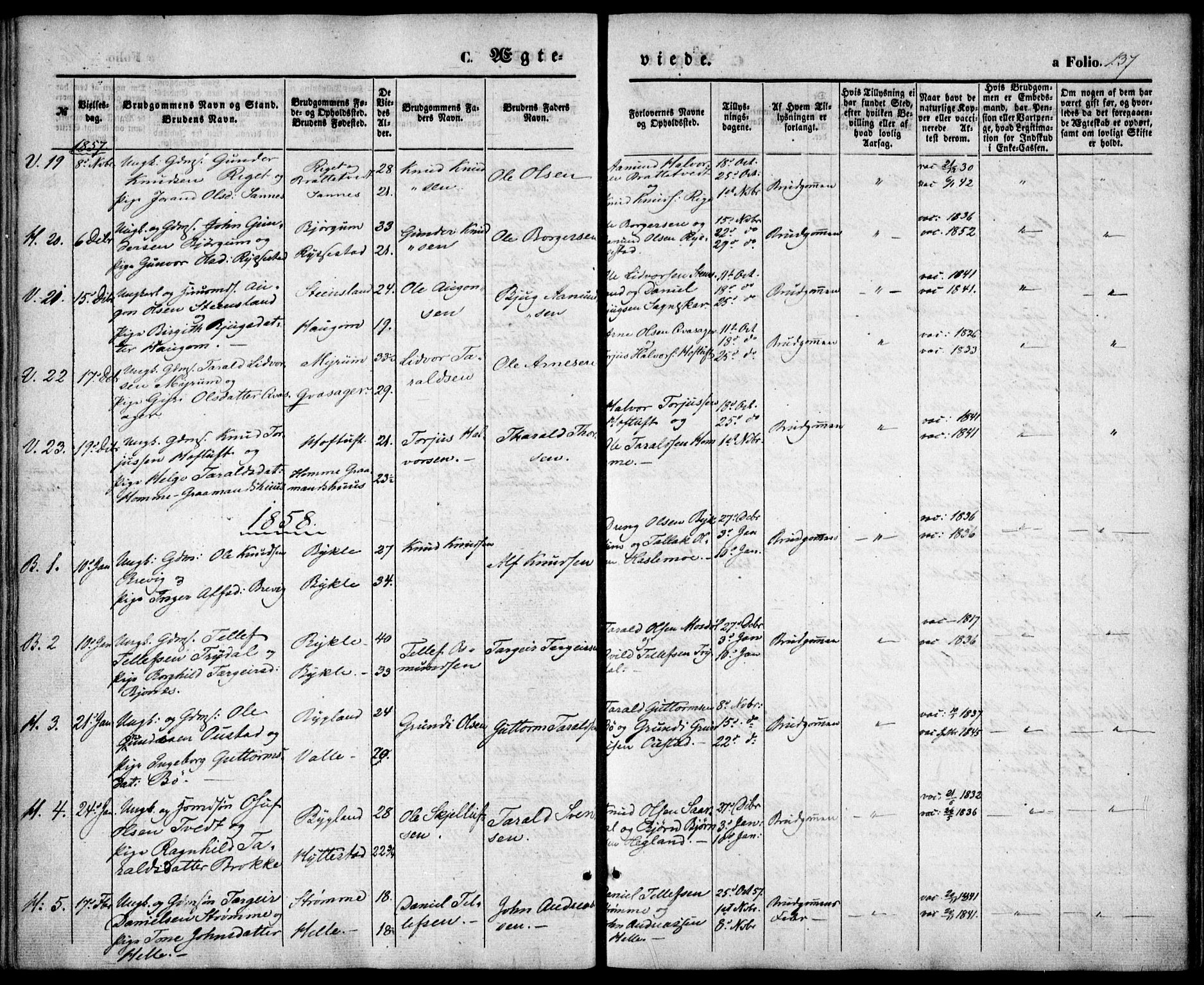 Valle sokneprestkontor, AV/SAK-1111-0044/F/Fa/Fac/L0007: Parish register (official) no. A 7, 1854-1868, p. 137