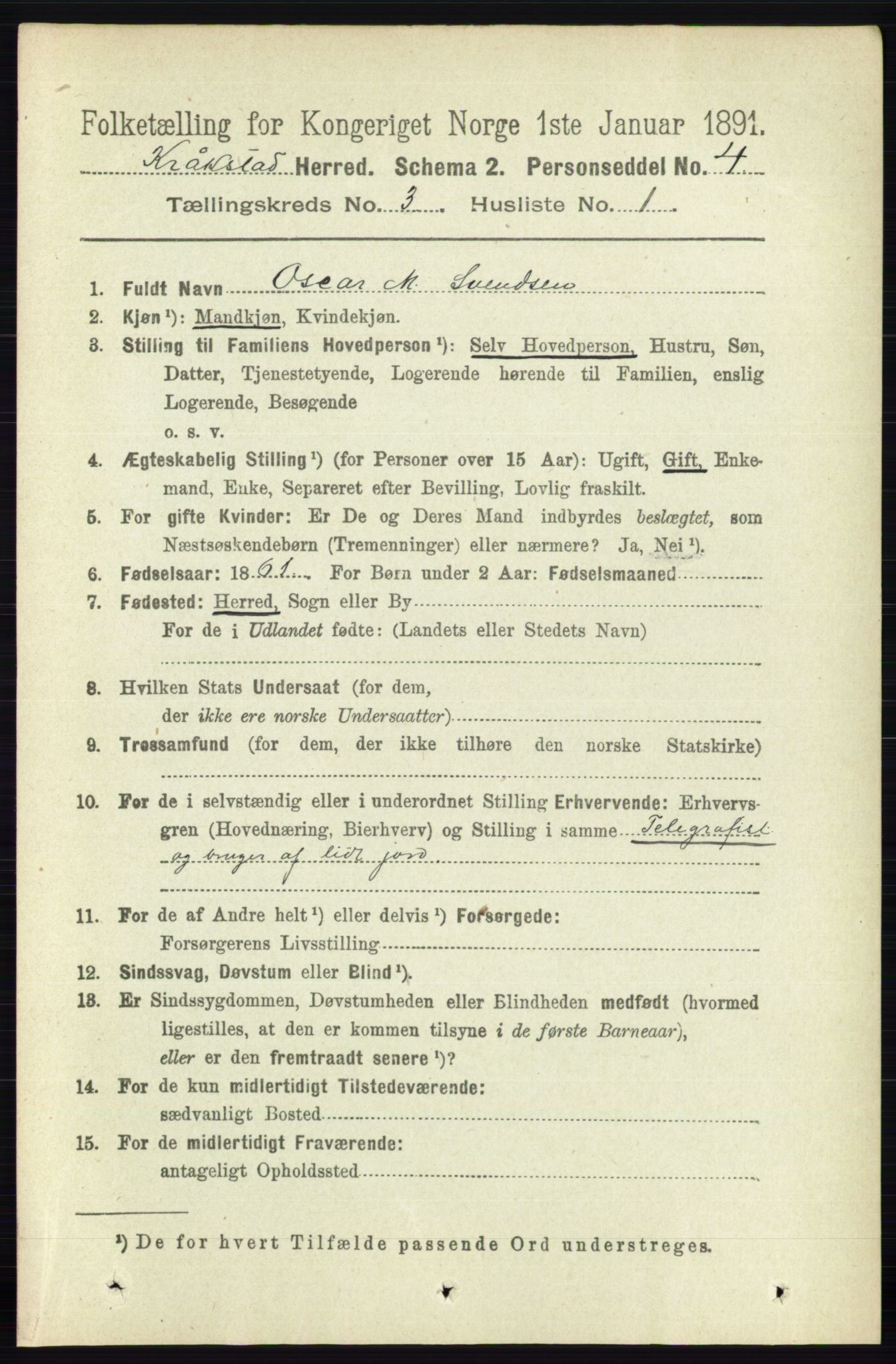 RA, 1891 census for 0212 Kråkstad, 1891, p. 1198