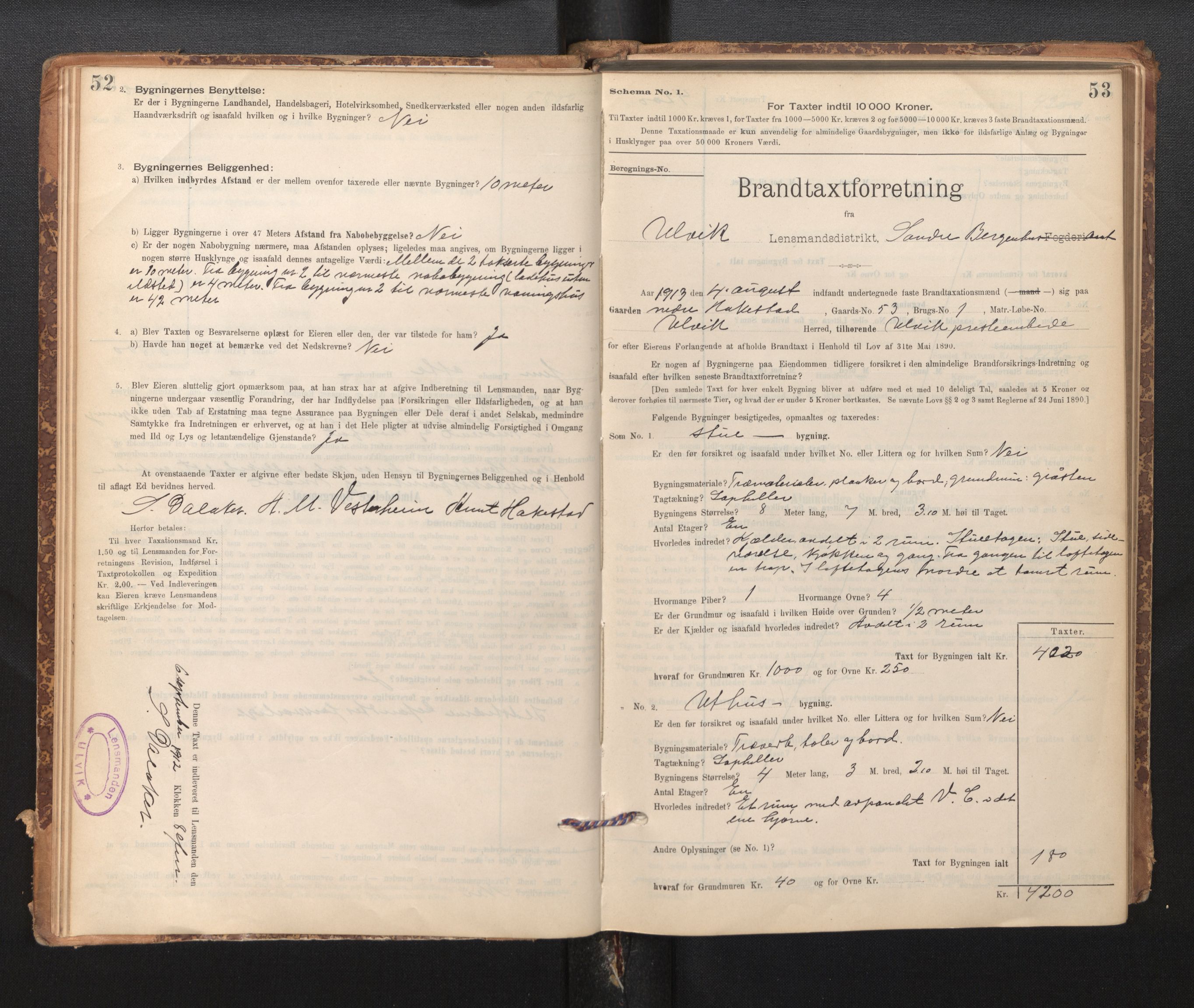 Lensmannen i Ulvik, AV/SAB-A-35601/0012/L0003: Branntakstprotokoll, skjematakst, 1895-1946, p. 52-53