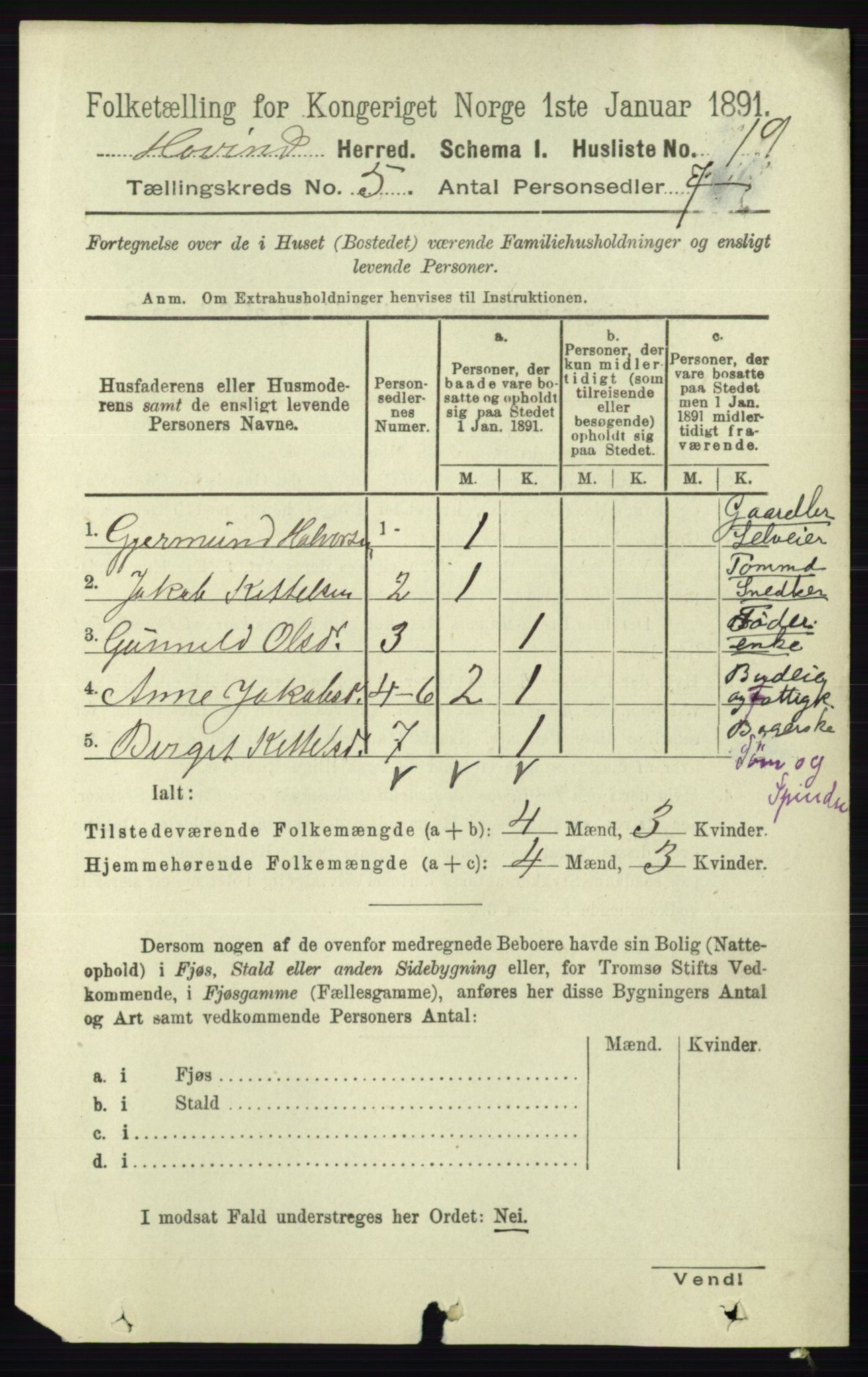 RA, 1891 census for 0825 Hovin, 1891, p. 978