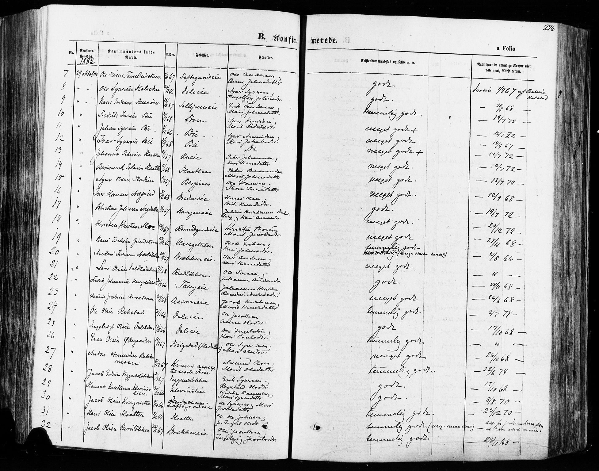 Vågå prestekontor, AV/SAH-PREST-076/H/Ha/Haa/L0007: Parish register (official) no. 7 /1, 1872-1886, p. 276