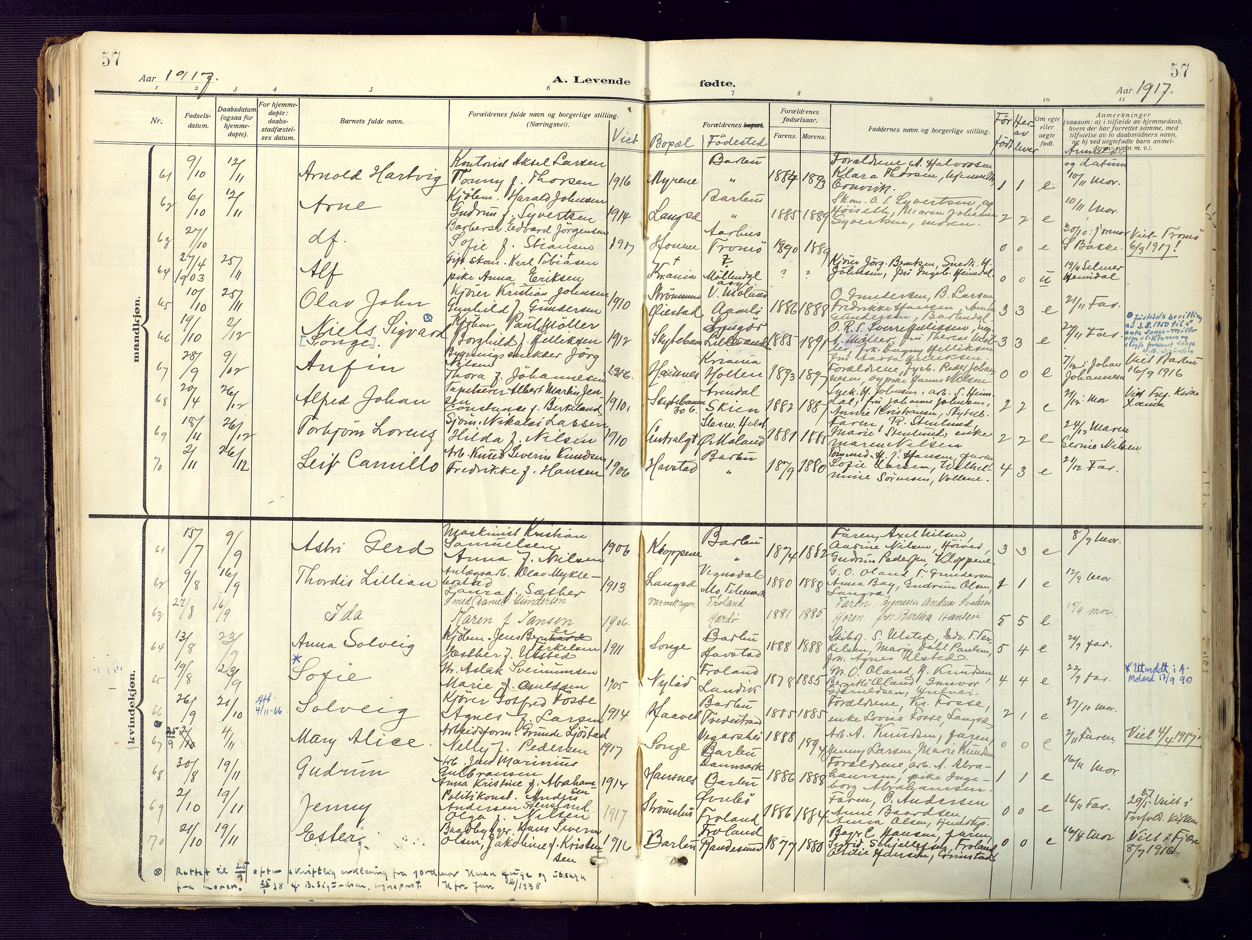 Barbu sokneprestkontor, AV/SAK-1111-0003/F/Fa/L0006: Parish register (official) no. A 6, 1910-1929, p. 57