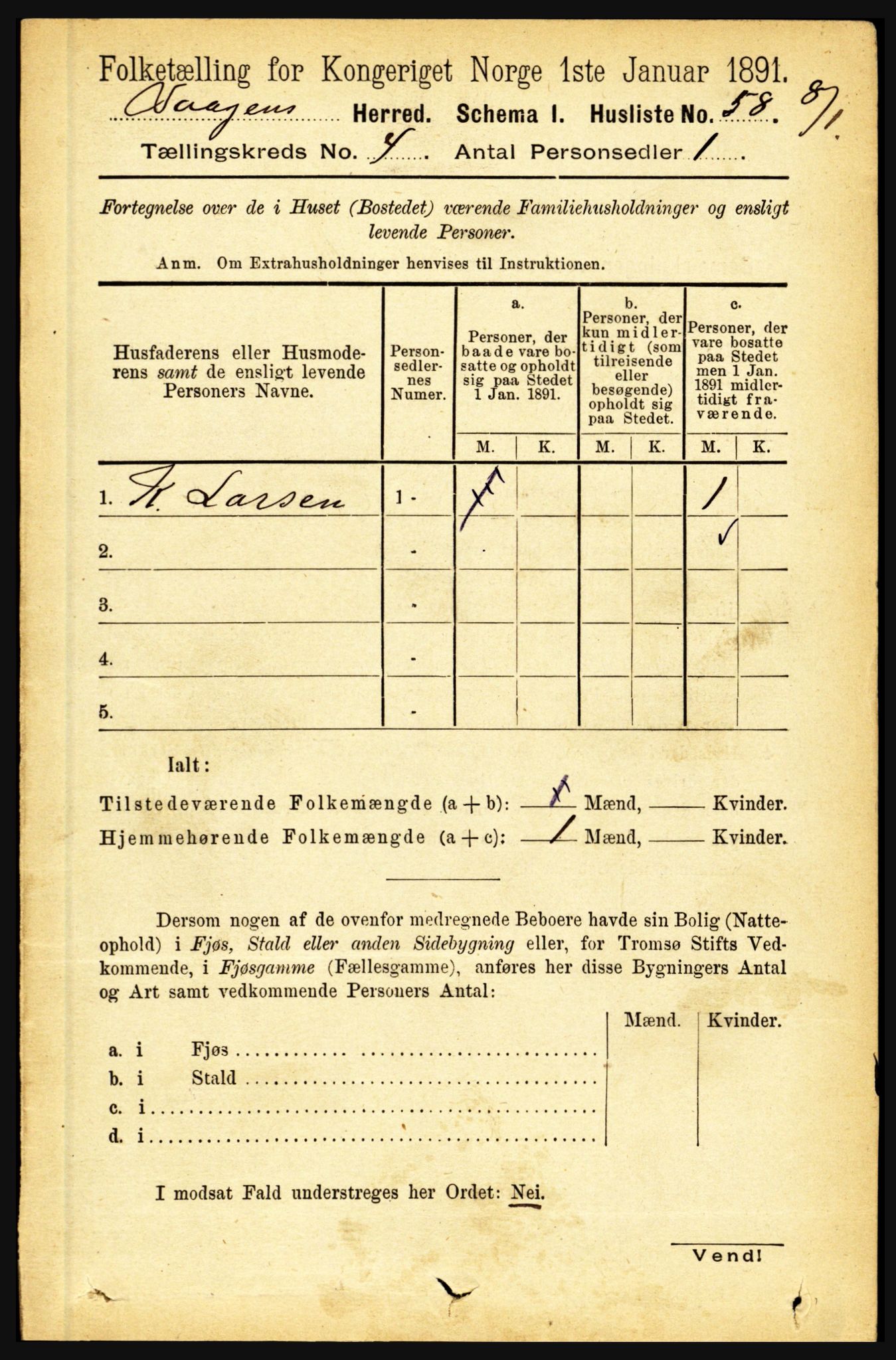 RA, 1891 census for 1865 Vågan, 1891, p. 934