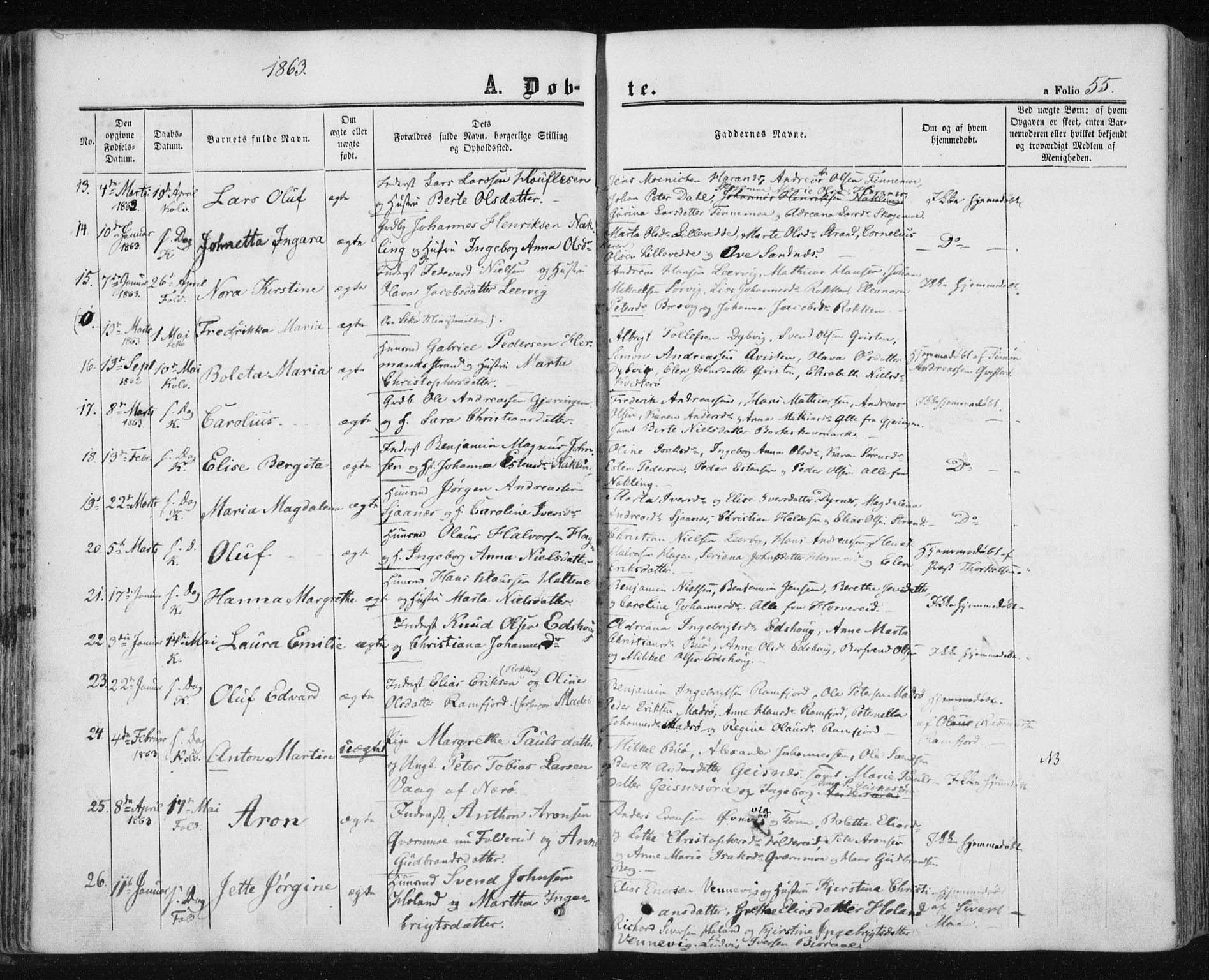 Ministerialprotokoller, klokkerbøker og fødselsregistre - Nord-Trøndelag, SAT/A-1458/780/L0641: Parish register (official) no. 780A06, 1857-1874, p. 55