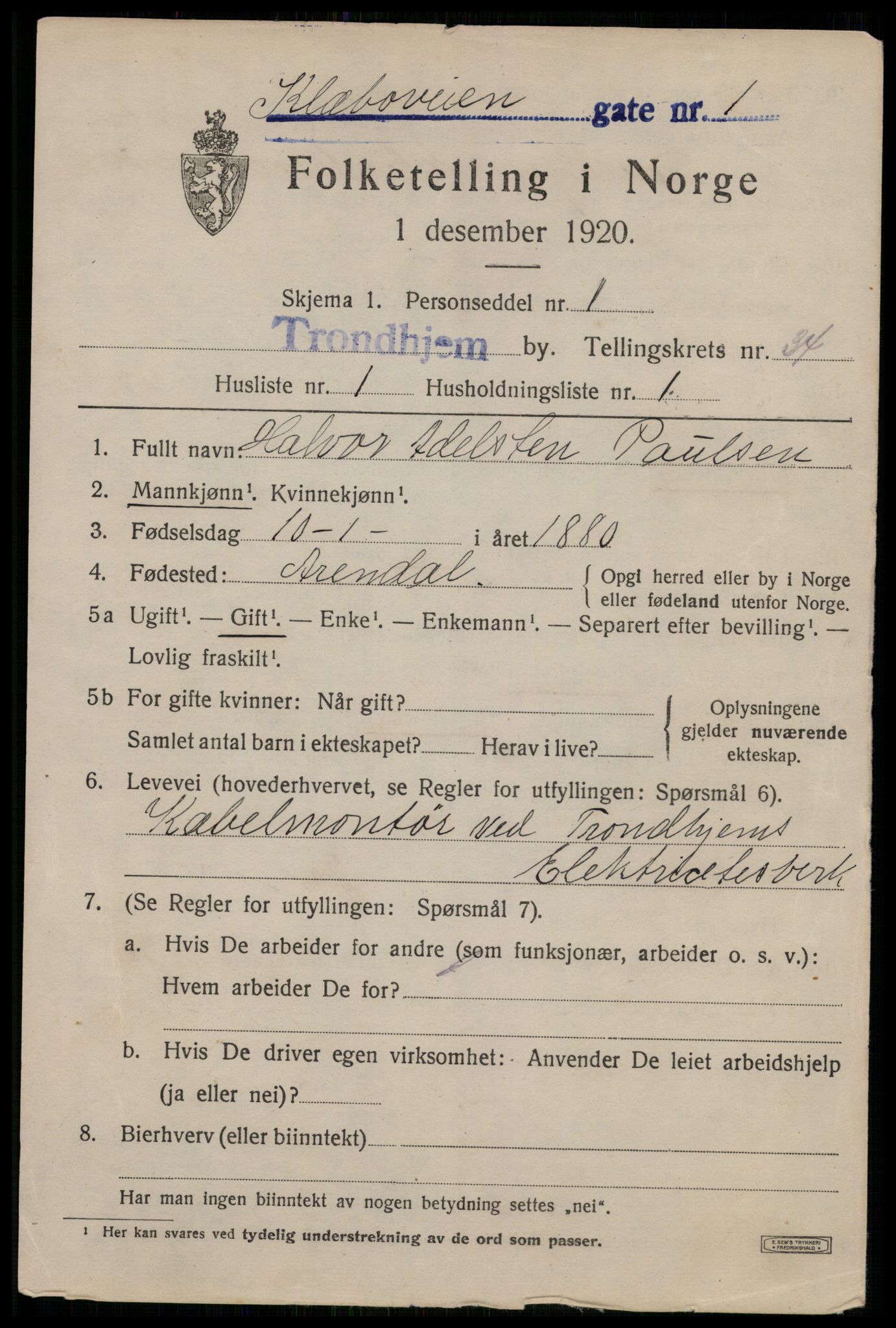 SAT, 1920 census for Trondheim, 1920, p. 79514