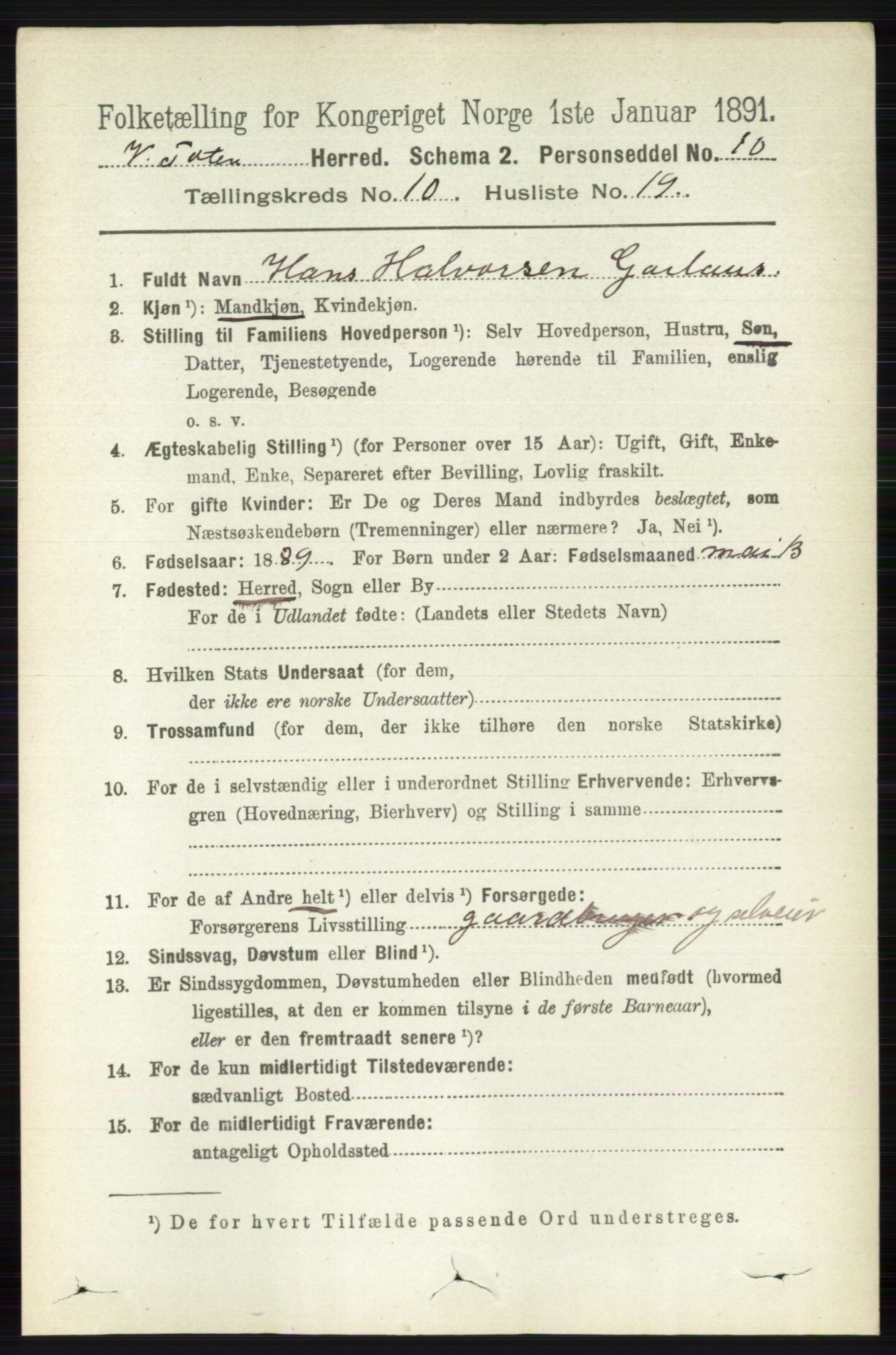 RA, 1891 census for 0529 Vestre Toten, 1891, p. 6308