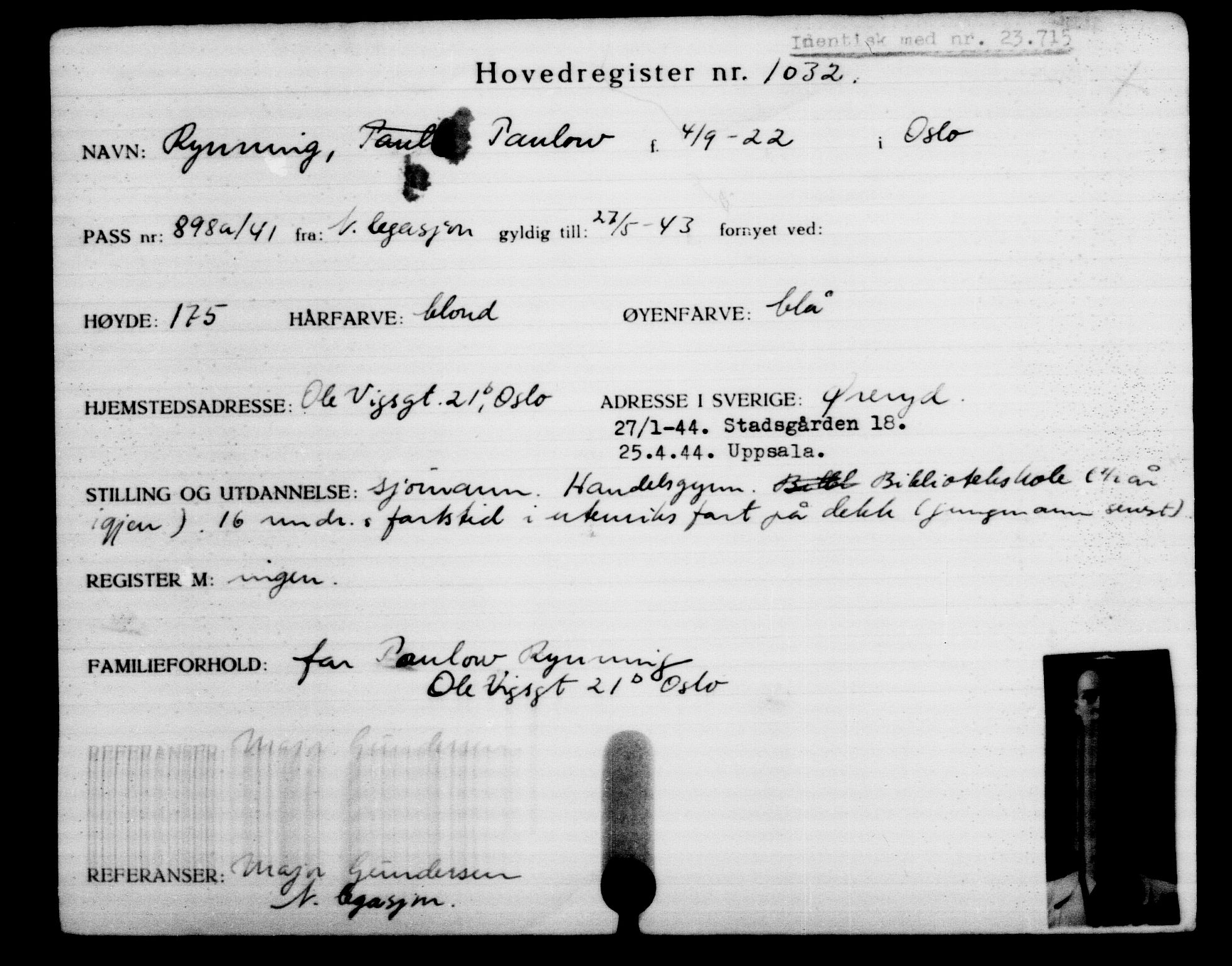 Utenriksstasjonene, Legasjonen i Stockholm, Flyktningkontoret, AV/RA-S-6753/V/Va/L0002: Kjesäterkartoteket, flyktninger med registreringsnr. 1001-2000, 1940-1945, p. 52