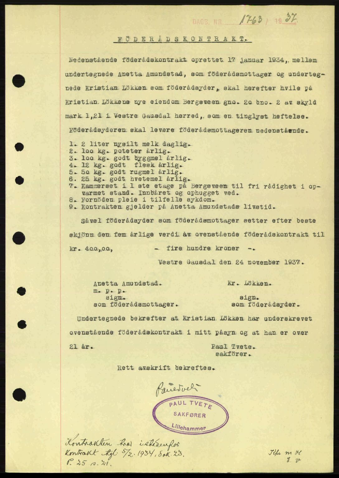 Sør-Gudbrandsdal tingrett, SAH/TING-004/H/Hb/Hbe/L0001: Mortgage book no. B1, 1936-1939, Diary no: : 1763/1937