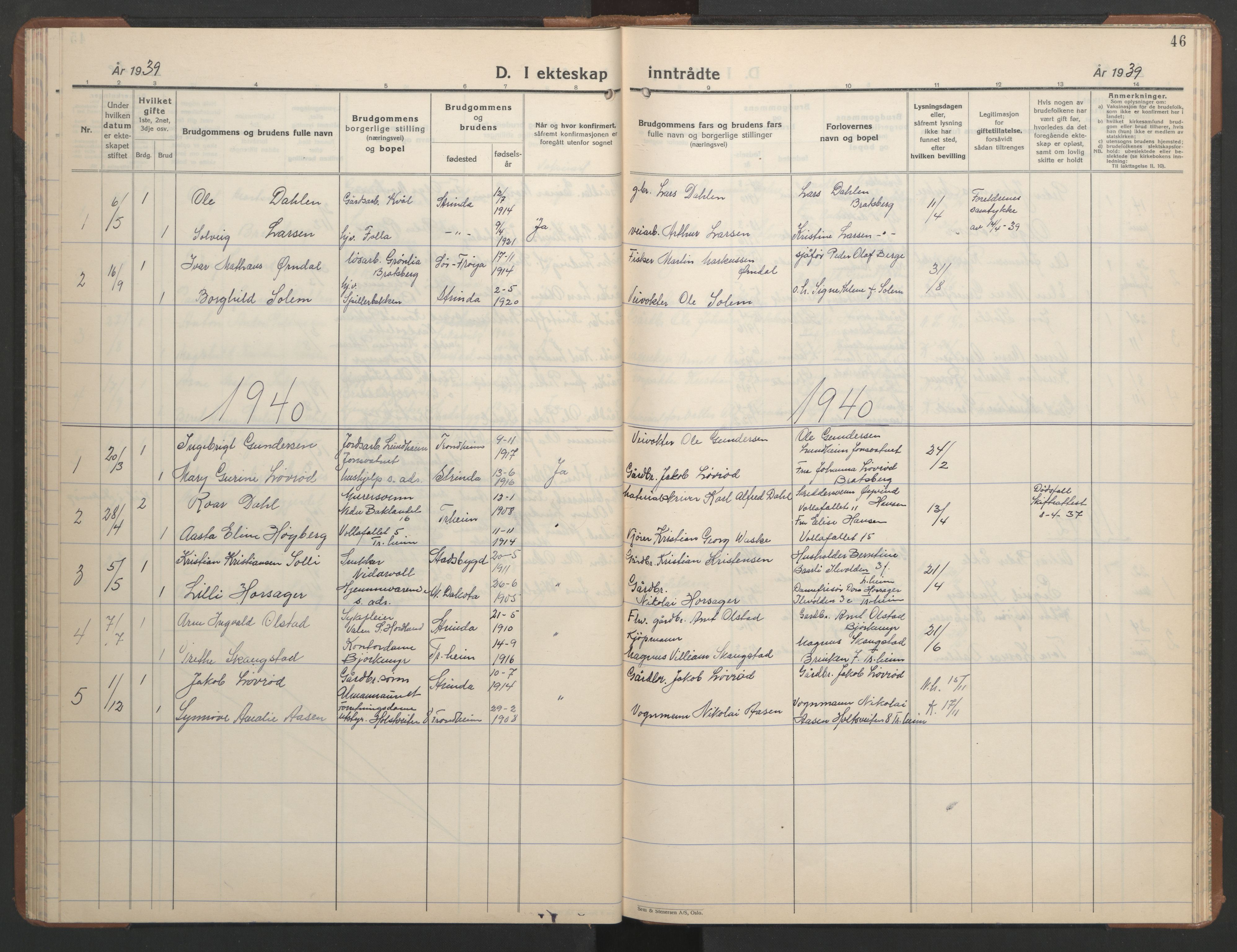 Ministerialprotokoller, klokkerbøker og fødselsregistre - Sør-Trøndelag, SAT/A-1456/608/L0343: Parish register (copy) no. 608C09, 1938-1952, p. 46